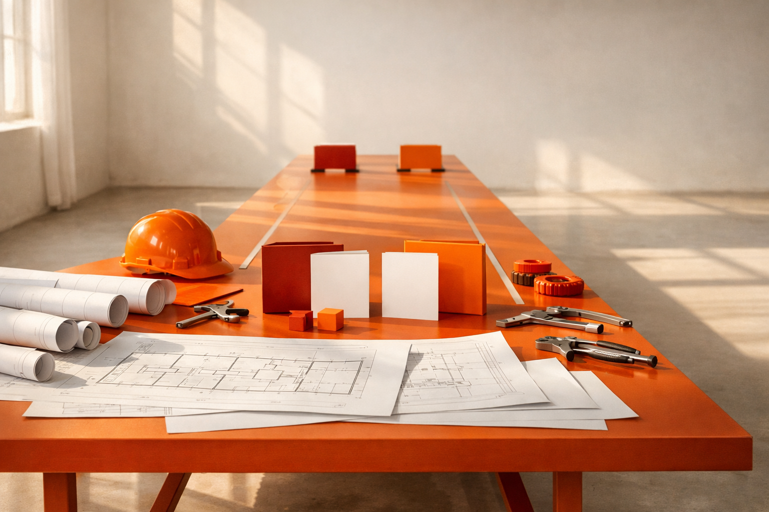 An empty, warmly lit workspace with a cinematic assembly table, schematic floor plans, and untouched, minimal equipment in orange and white tones. The scene suggests a factory ready to be built, not yet in action, with generous negative space.