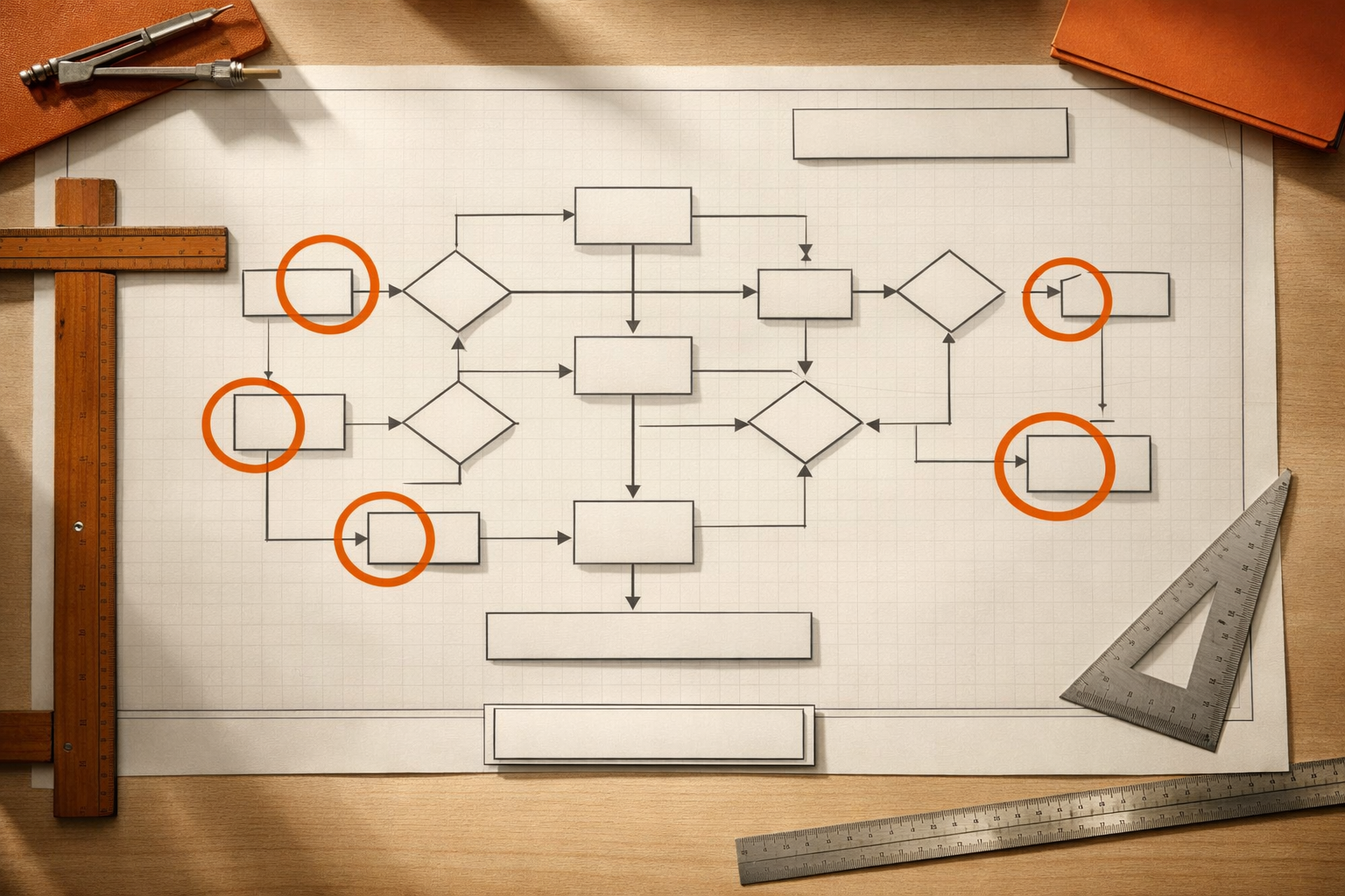 A warm editorial top-down view of an architect's table with a hand-drawn workflow map on drafting paper. Shapes and arrows connect, orange tags highlight pain points, and a reserved space for an owner is left blank. No people, just the process made visible.
