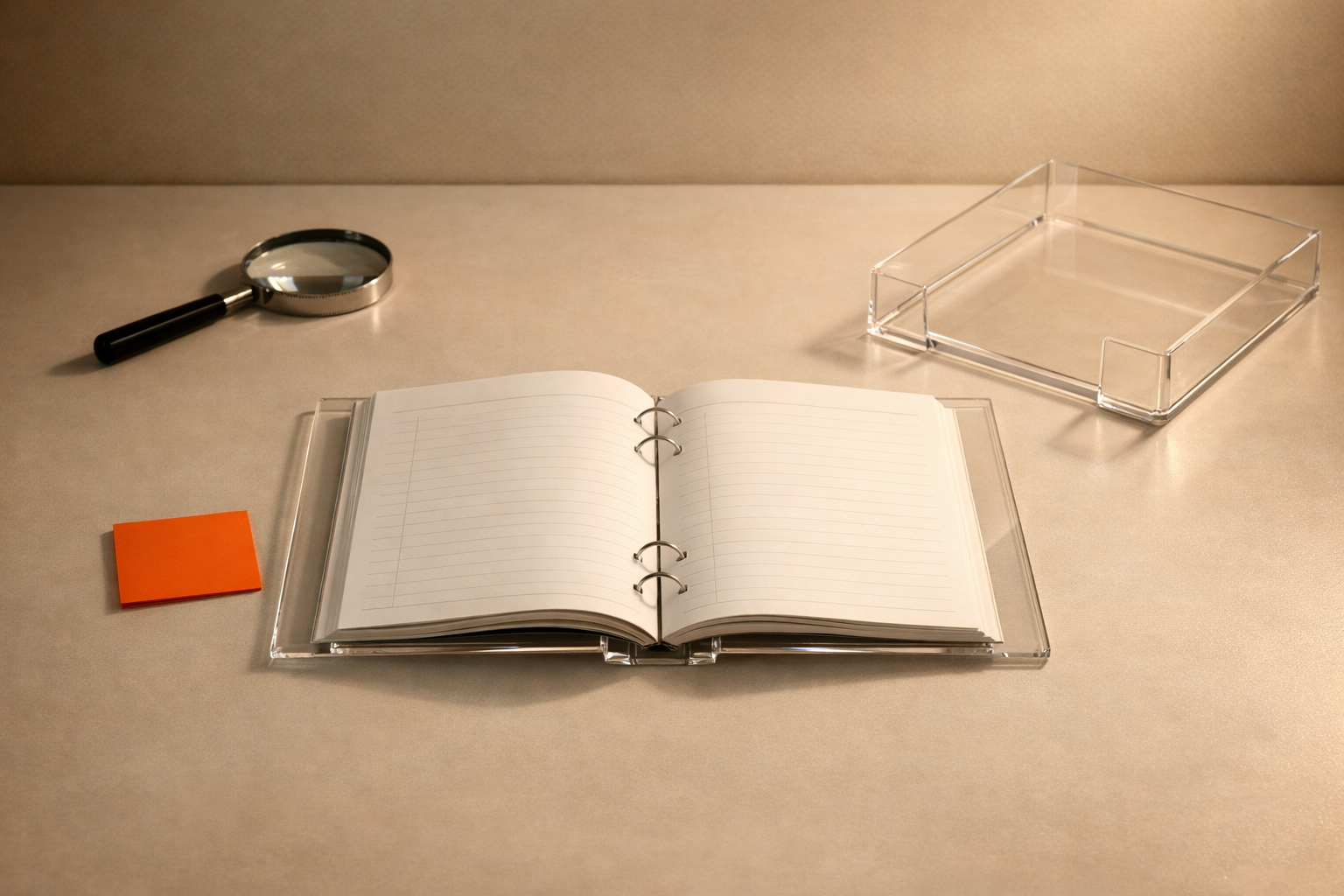 Editorial close shot: an open logbook of heavy glass, blank pages revealed. Nearby, a bright orange sticker and a clear acrylic inbox sit untouched. A magnifying glass lies off to the side. Subject: transparent, visible detection. No people, writing, or screens.