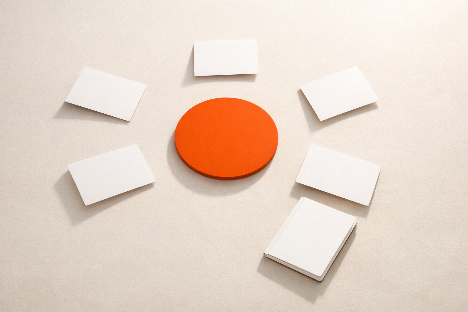 Top-down editorial scene: five blank index cards circle a central orange disc, each card’s shadow drawn inward. Nearby, a closed white review notebook. The composition evokes rhythm and open review. No people, letters, or devices—only light and objects.