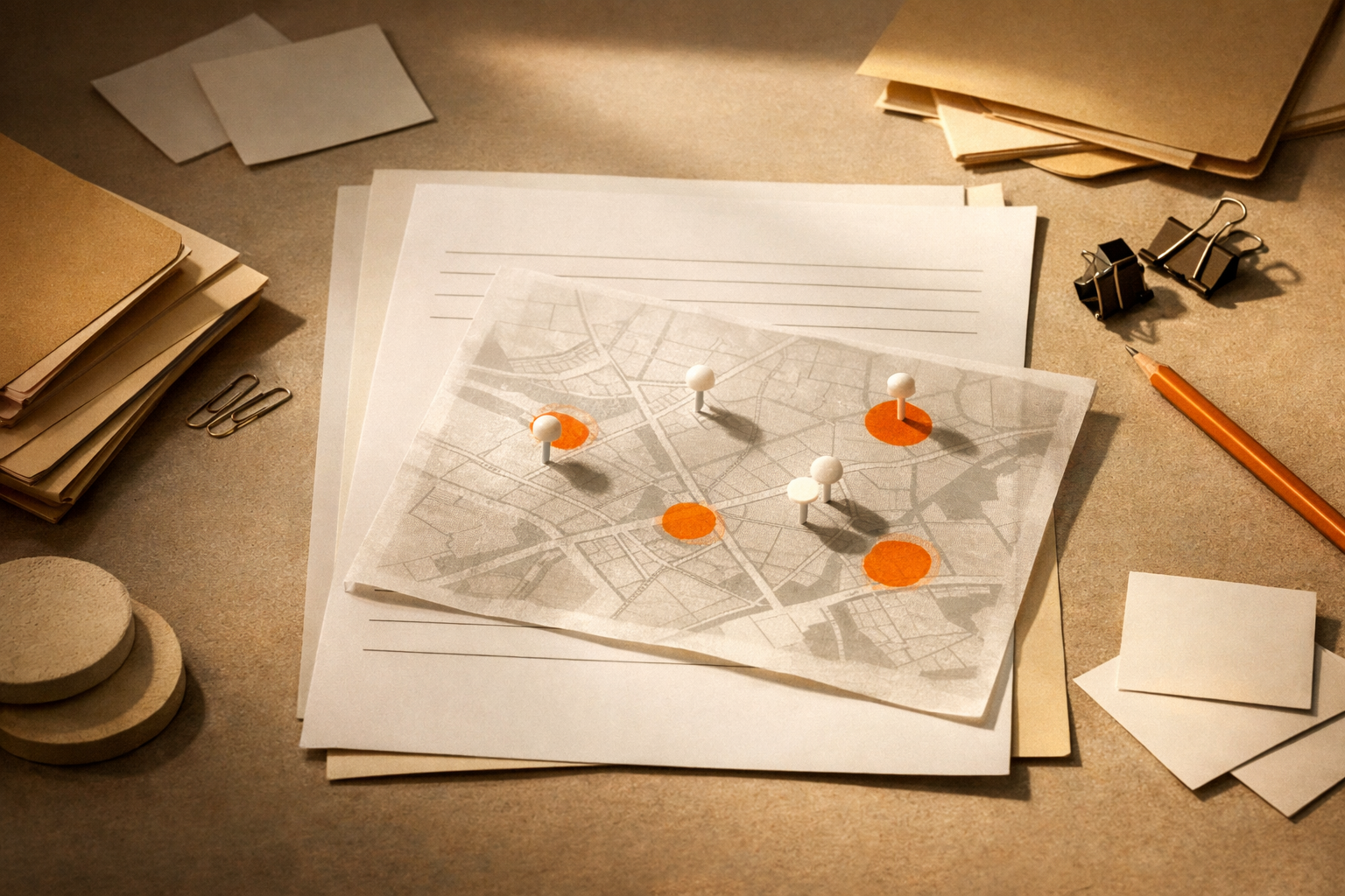Artifact still-life: a shadow AI survey sheet partly overlain with a translucent paper map marked by orange highlight spots and blank pins. Arranged orderly on a neutral desk, all lit warmly from one side. Scene is purposefully people-free—conveying observation, not blame.