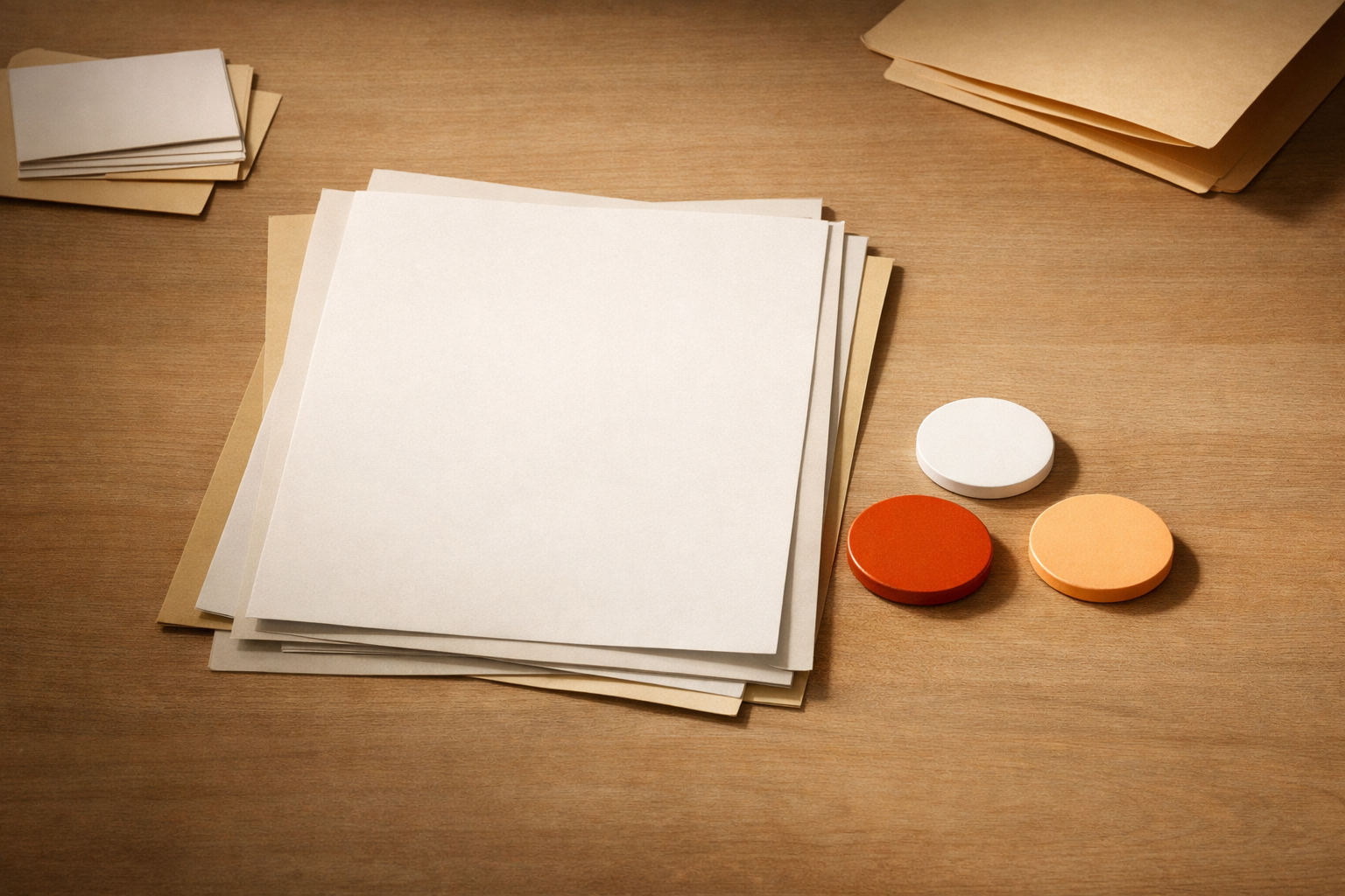 Minimalist, inviting tabletop still-life: one sheet of paper on top of a stack, edged with three colored discs (orange, white, pale beige). The composition suggests clarity, simplicity, and readiness. No words, no people, only arrangement and light.