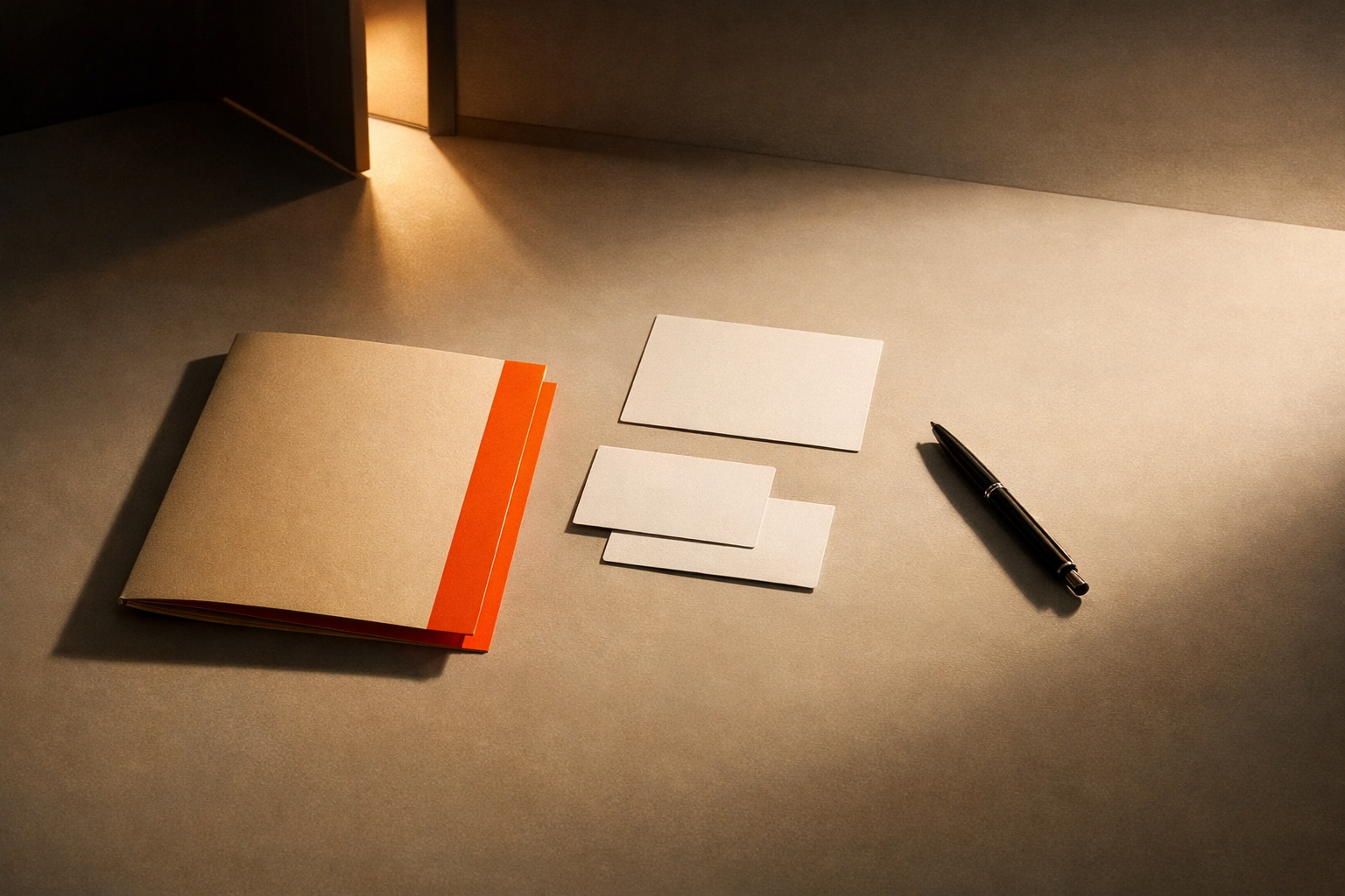 Still-life of a minimalist desk in warm light. Central is a closed, orange-edged folder, several blank index cards, and a pen. An open door in the background casts angular light across the surface, suggesting transparency and entry—no people or text present.
