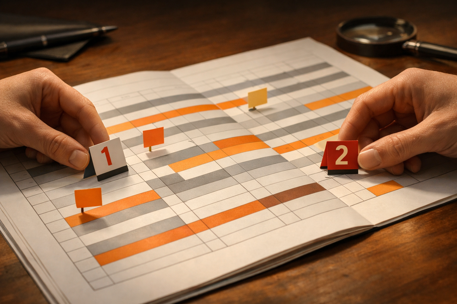 A hands-on ledger scene with a spreadsheet-style document, annotations, color-coded highlights, and note flags for missing evidence. No visible text or numbers.