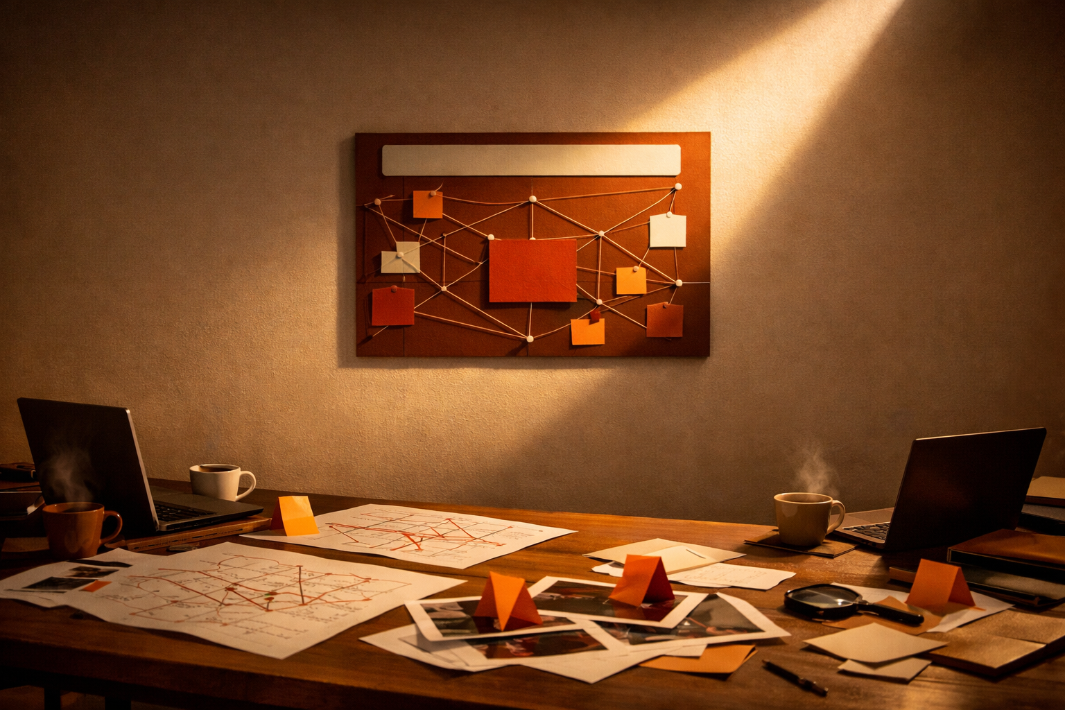 A cinematic workspace at dawn with warm sunlight, rough audit maps, printouts, laptops, and a pinboard shaped like a search interface. No visible text, labels, or digital interfaces.