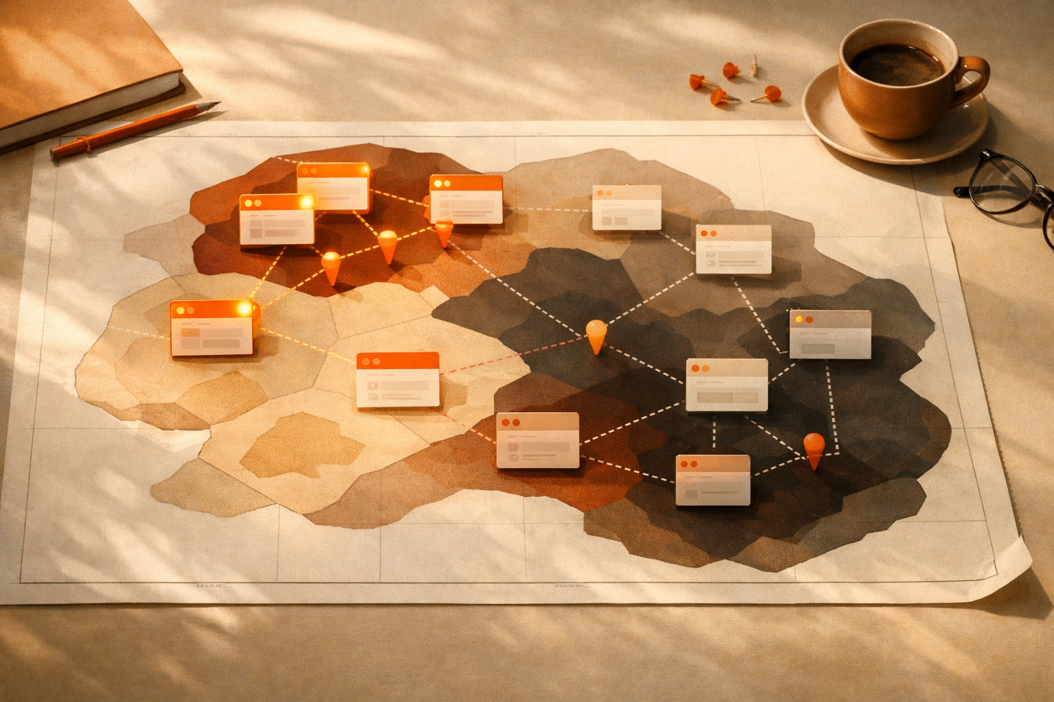 A warm-lit map with abstract browser panes, pins, and lines showing zones of presence, absence, citation, and dark spots. No visible words, numbers, or logos.