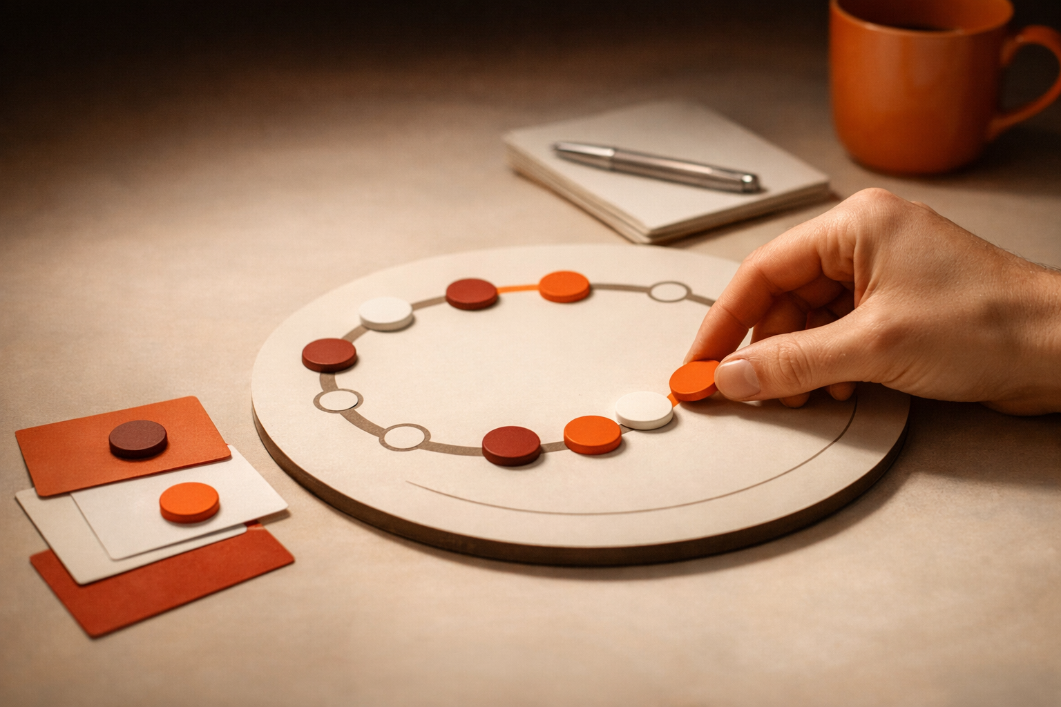 A tabletop with a circular tracking board, colored progress tokens, and past measurement cards. No words, numbers, charts, screens, or logos.