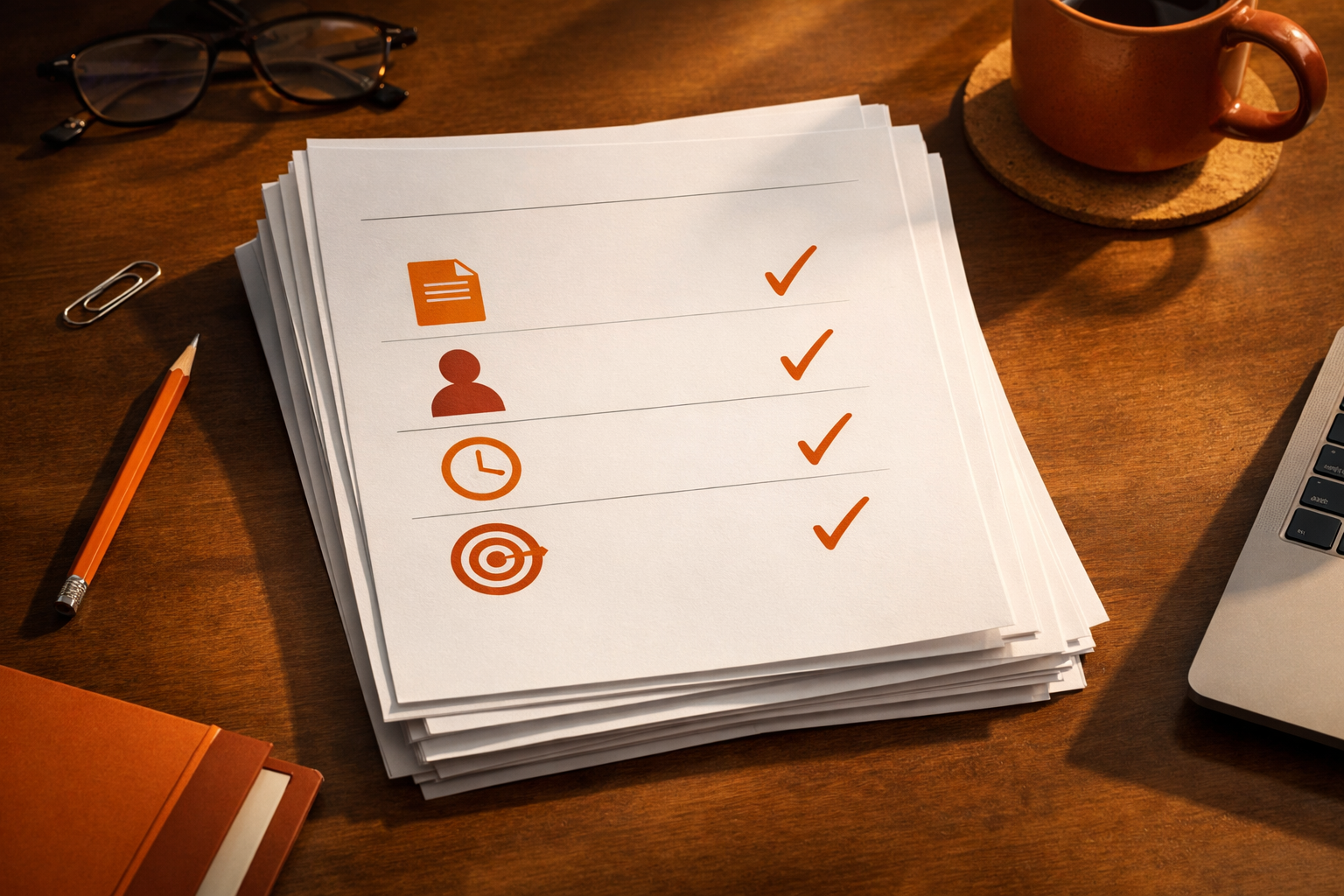 A clean editorial desktop with printed page briefs, evidence icons, author icons, timestamp icons, and hand annotations. No visible text or numbers.
