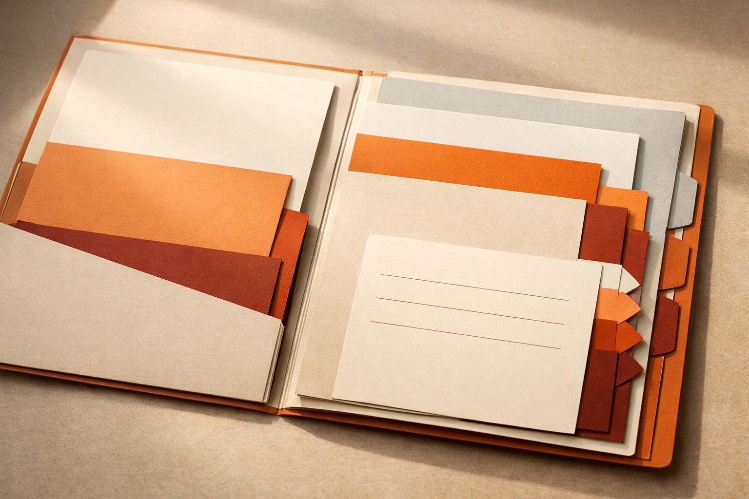 Editorial artifact visual of an open folder or document sleeve arranged on a desk under warm light. Multiple visible layered sheets or paper inserts of varying warm neutral shades, orderly arranged to signal structure (mission, permissions, review). No labels, text, or icons, only tactile detail and color overlay hinting at complexity made clear.