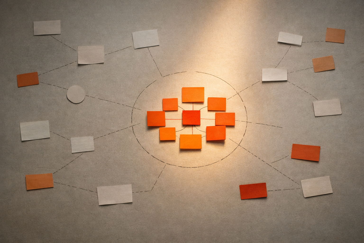 Minimal overhead editorial diagram showing a desk or surface scattered with randomly placed note-sized sheets and broken connection lines, all fading into blur at the edges. At center, an illuminated orange cluster forms an interconnected map, the first real target for automated delegation.