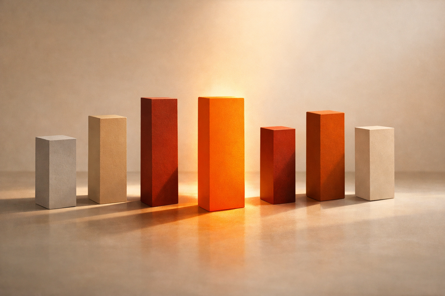 Editorial diagram with several pale columns or tiles, each abstractly representing a recurring task, some tall, some short, some blurred or shaded for risk. At the center front, one orange-hued column glows under a beam, visually marked as the selected first agent delegation job.