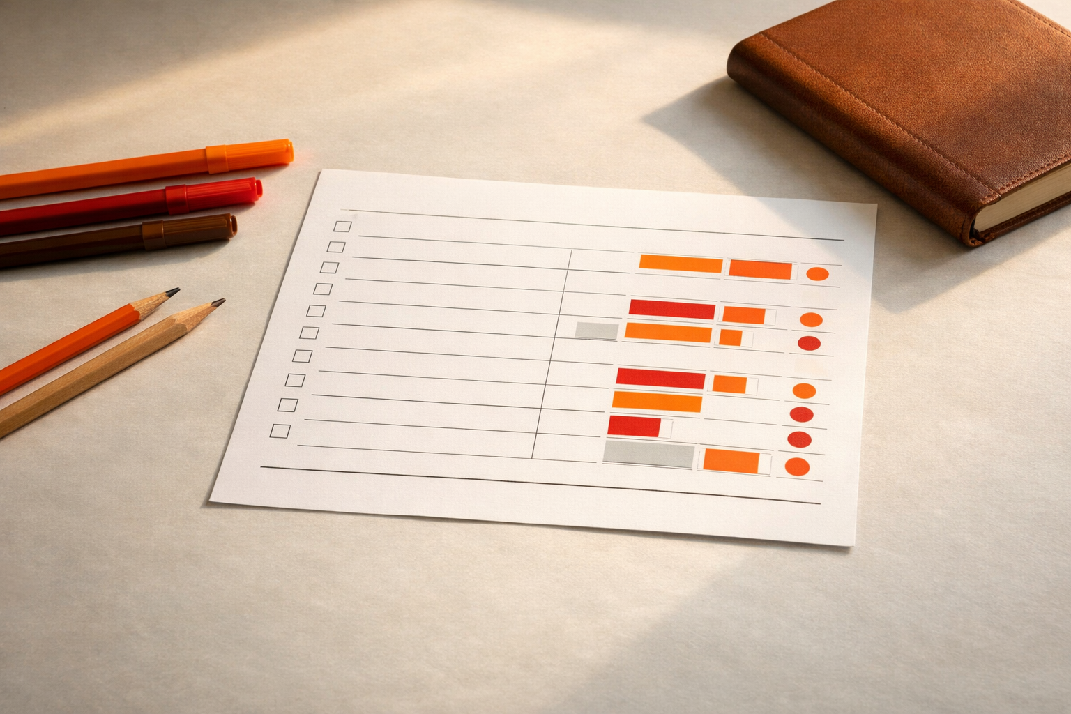 Close editorial shot of a clean workspace with a visible scorecard sheet (no text), a couple of markers or pencils, and a closed notebook for notes. Subtle annotations or colored marks hinted on the sheet, but no readable data. Warm, direct light draws the eye to measurement and review.