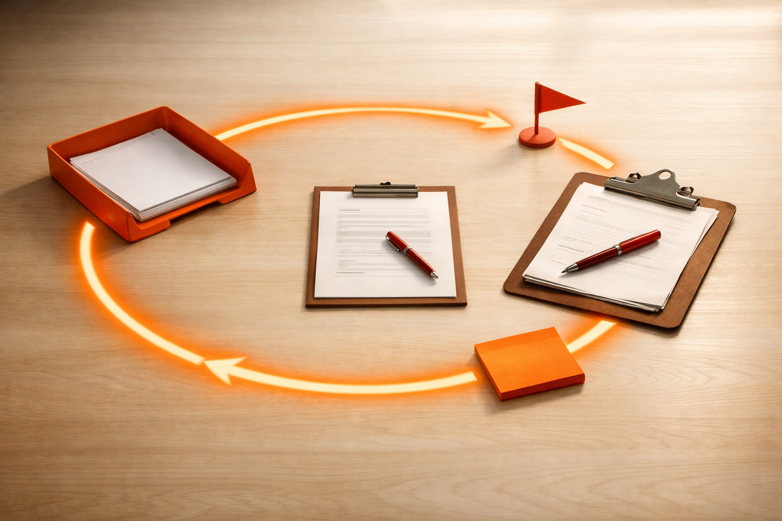 Editorial diagram viewed at angle with physical metaphors: a circle of objects on a desk, input tray, central workspace paper, review clipboard, escalation flag, improvement sticky, connected by a looping orange path. The scene radiates rhythm and repeatability, no tech clutter, no text.
