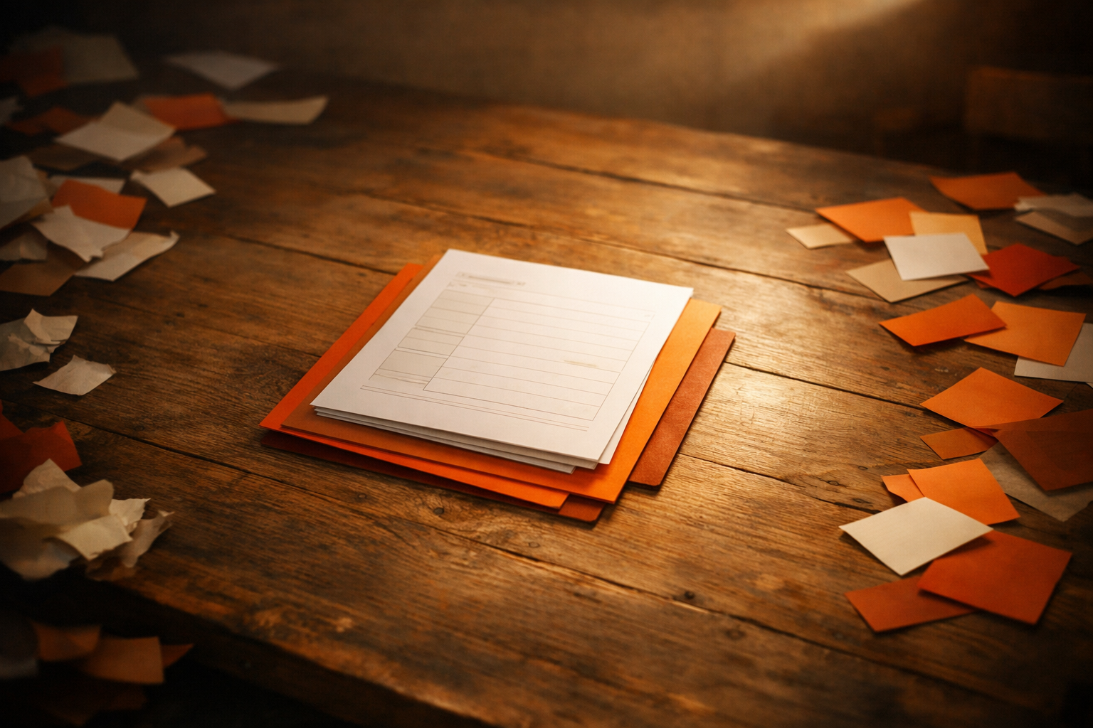Editorial illustration showing a transition from scattered, fog-shrouded sheets with digital marks at the edges, toward a spotlighted, orderly workspace where one structured document anchors the scene. Ceramics and papers evoke real work; orange and neutral light center the viewer on tangible progress, not tech spectacle.