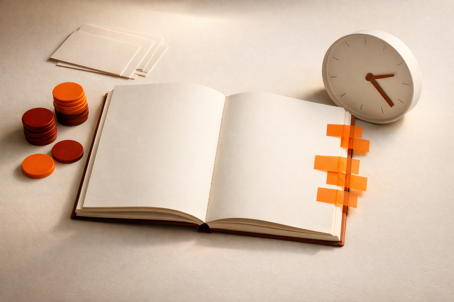 Open review playbook with orange flags and action tokens arranged alongside, under cinematic light—encapsulating the ritual of scheduled review, no people or text present.