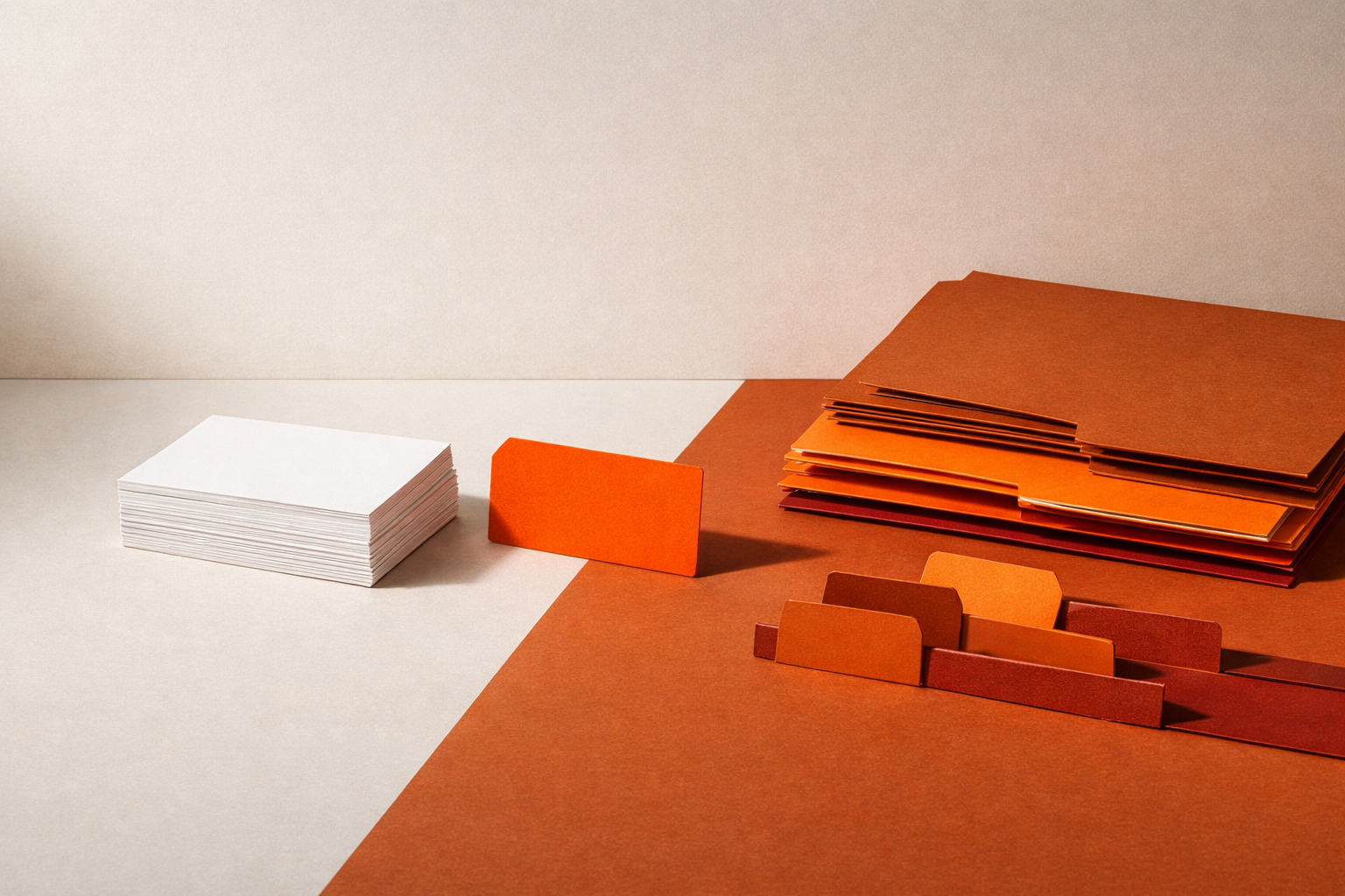 Editorial tabletop arrangement with unfilled business scorecards, orange review tag, folders, and dividers under soft light—evoking an honest, numbers-first AI funding workflow, no people present.