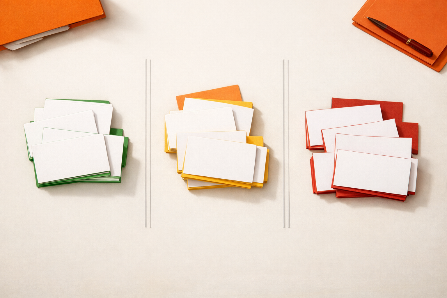 Editorial scene with index cards in soft green, yellow, and red borders arranged on a neutral workspace, each group separated by clear dividers, expressing the diagnosis of value link for AI projects, zero people, no words.