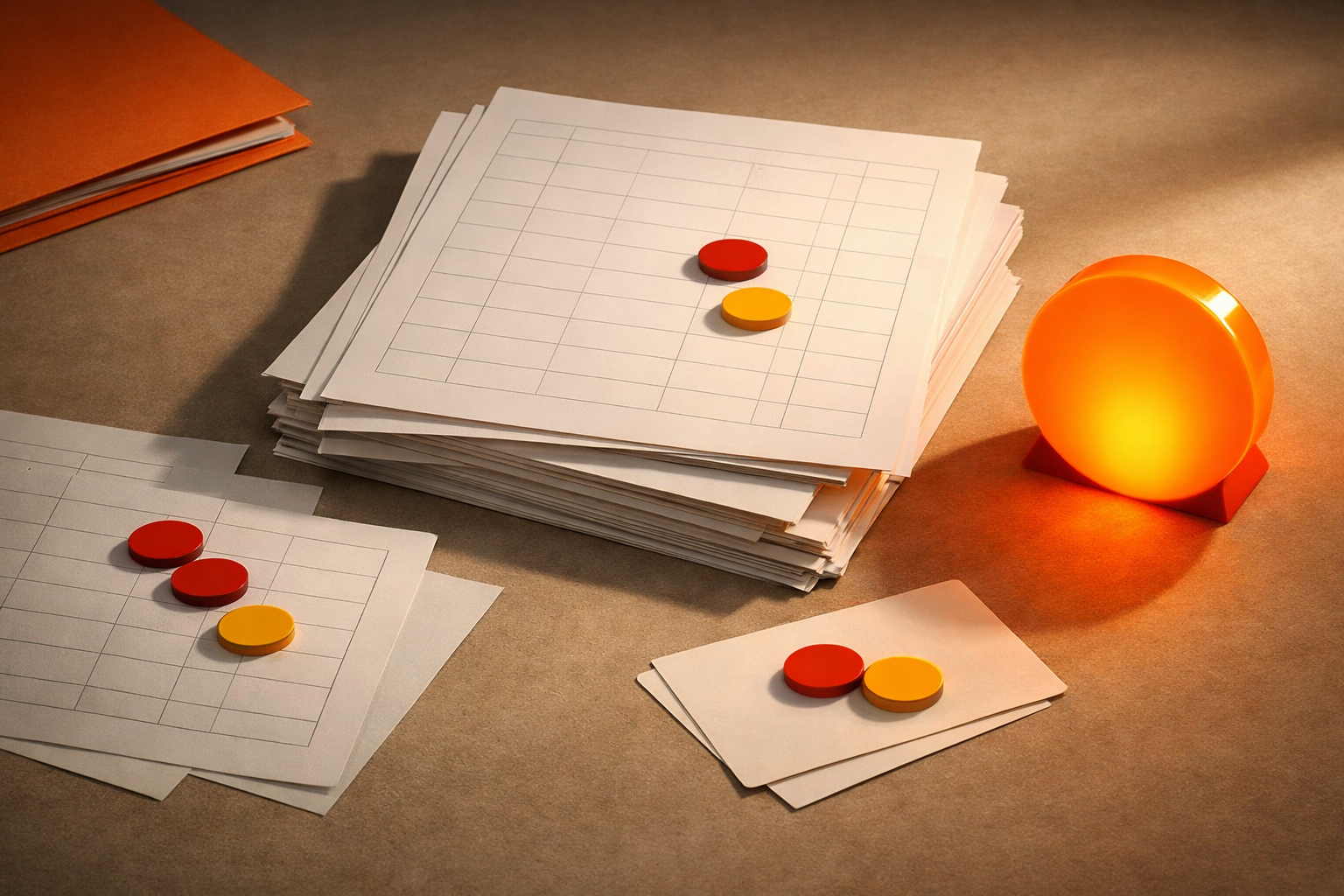 Stacked tracker sheets with colored chips indicating overruns and a crisp, orange stop marker set nearby, all arranged intentionally on a bare workspace. No people, text, or numbers.