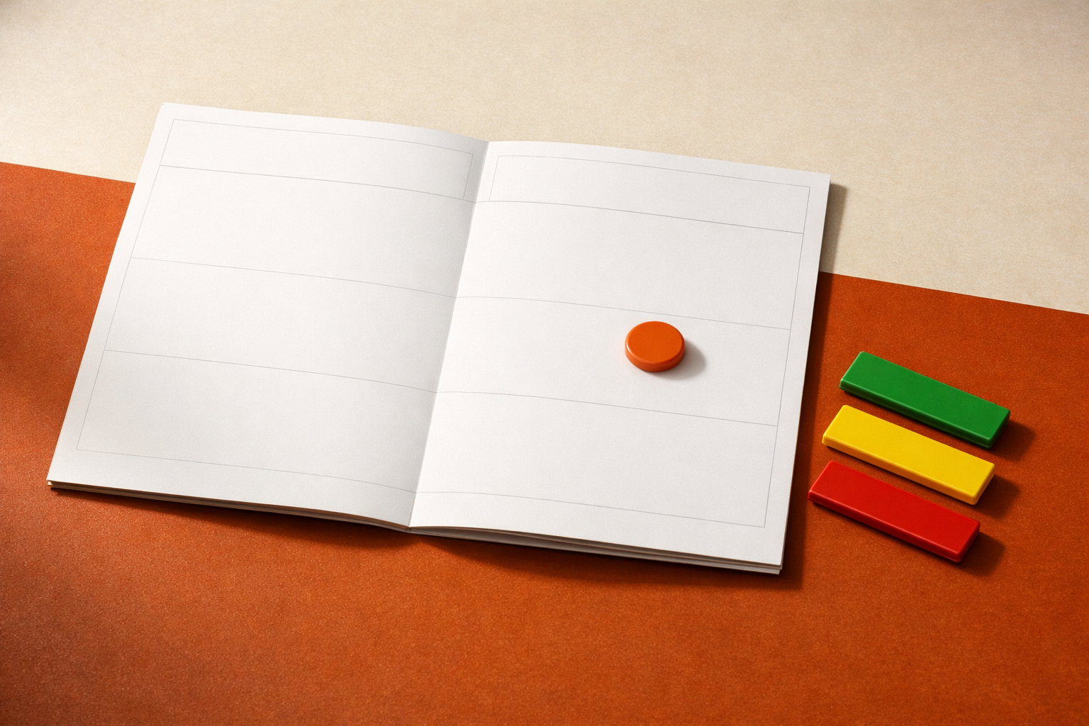 Aerial view: an empty AI scorecard form, orange review marker on top, and colored status tabs beside it, arranged with austere neatness on a warm editorial surface, no text or people, all business.