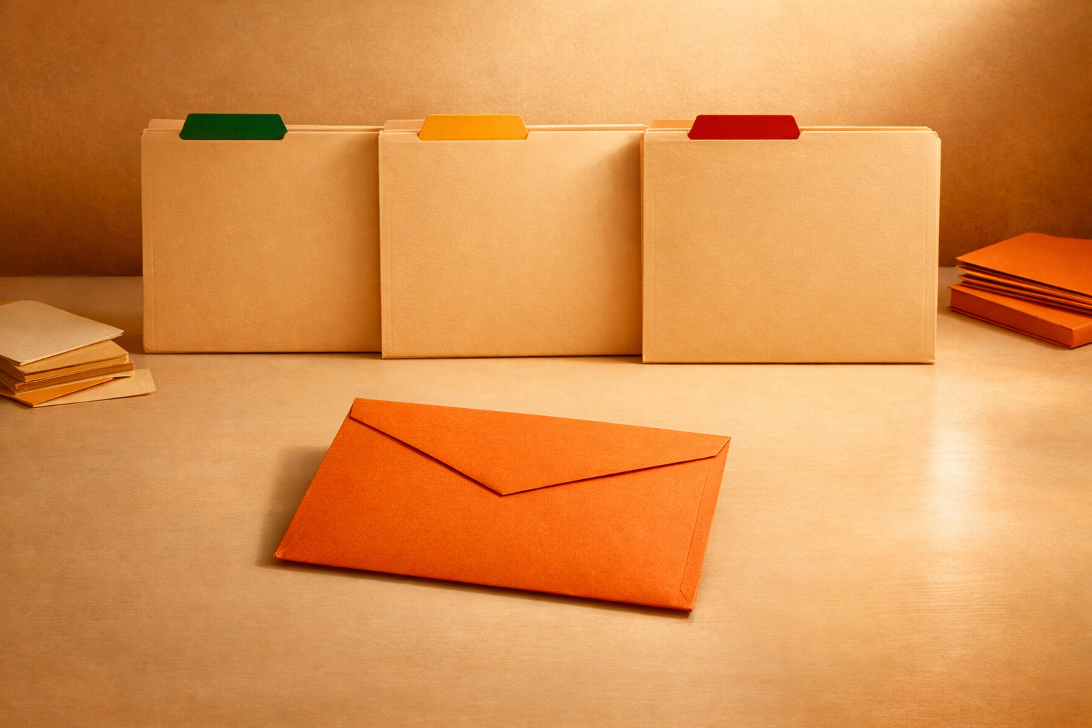 Still life of three document folders with colored tabs (green, yellow, red) and an orange envelope offset to the side, arranged on a clean, minimal surface; evokes written keep/kill/scale decisions with no text or human presence.