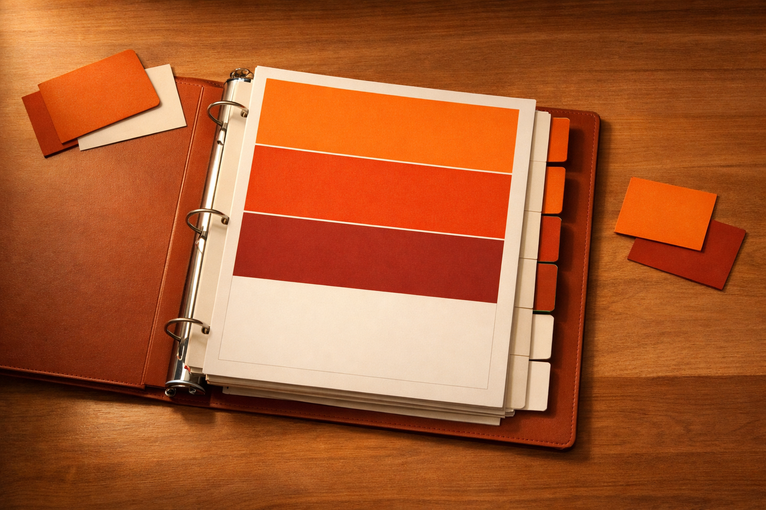 A blank psychological safety worksheet rests atop a softly lit binder with clean index tabs, open to the first divider—each inviting addition. The arrangement signals openness and recorded learning. No handwriting, text, people, or digital screens.