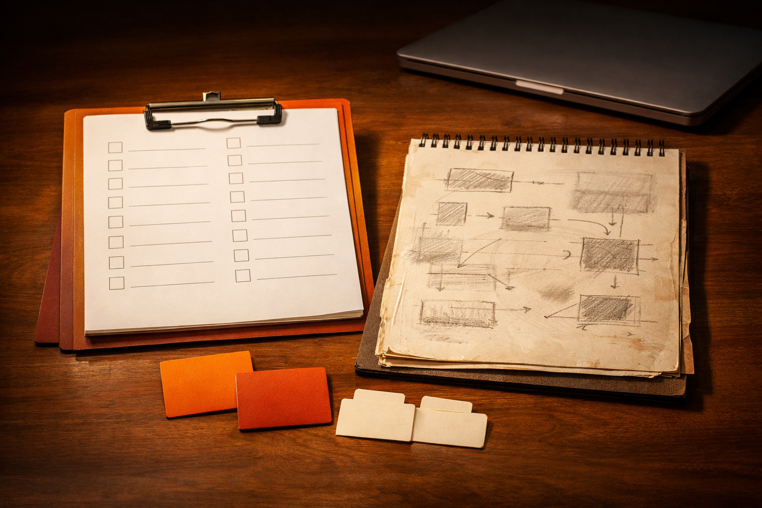 An open, blank manager's workflow checklist beside a notepad with visible process steps, both inviting inspection. A laptop sits closed in the background—suggesting digital process but not showing screens. Warm brand light focuses on the artifacts; the scene is devoid of human presence and completed text.