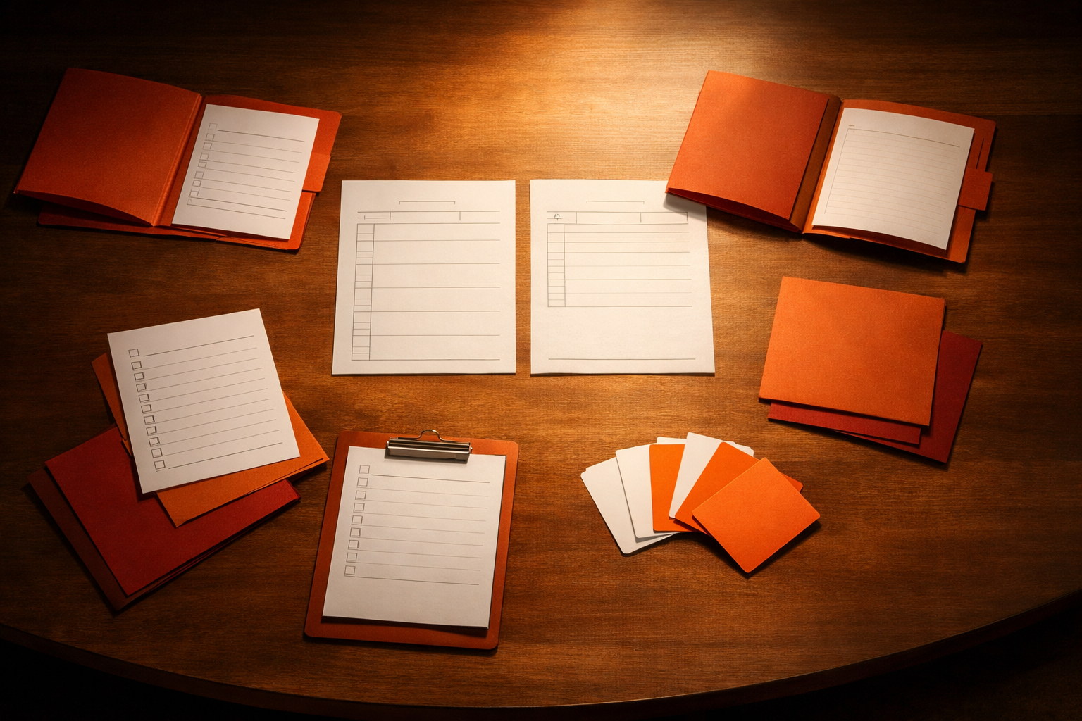 An overhead view of a long, warmly-lit meeting table with scattered, unmarked documents, blank cards, and a single open folder. Pools of soft light fall over the artifacts; generous negative space at the table edges suggests silent anticipation and the opportunity for conversation. No people, handwriting, or visible text. Burnt orange and brand white palette signal warmth and clarity.