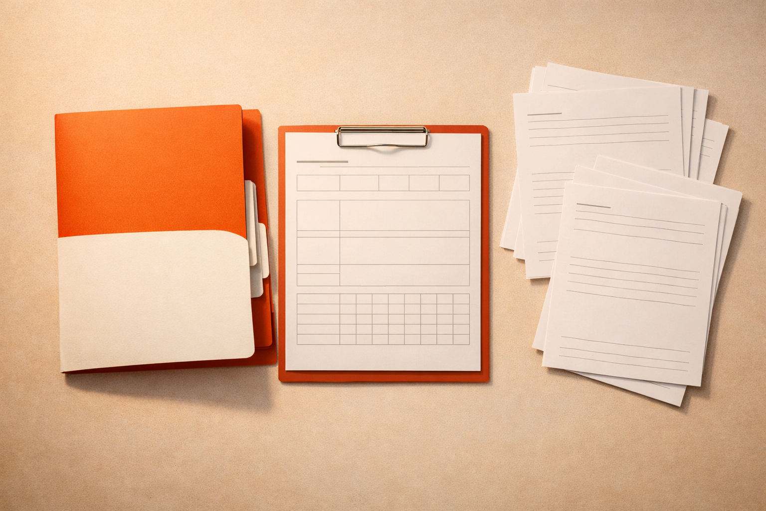 A paper folder labeled in a brand color block (no visible text), with a blank skills plan template and crisp feedback sheets arranged to show they’re ready to be filled and shared. Warm orange and white light covers the artifacts; space around them signals accessibility and transparency.