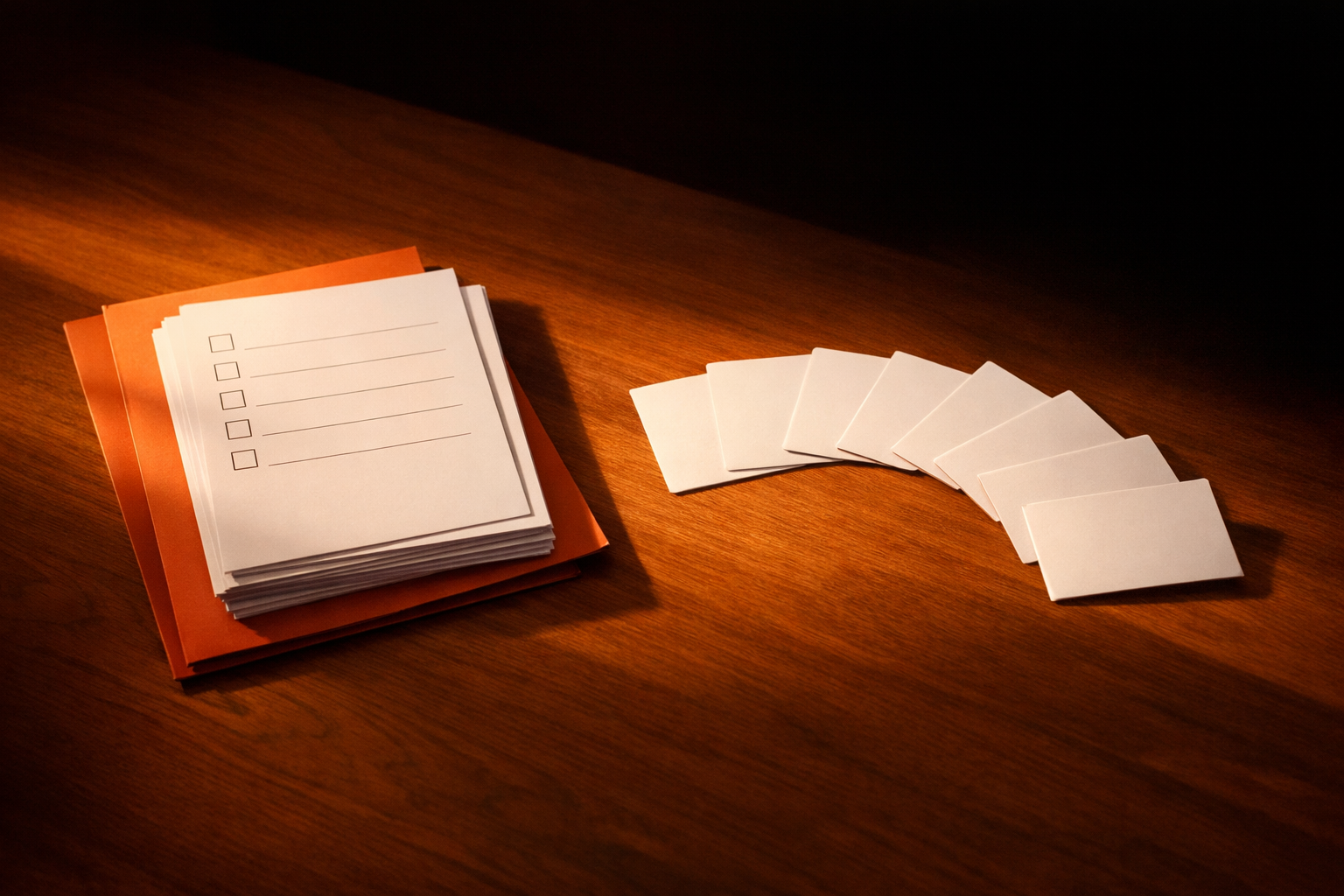 A small bundle of blank checklist sheets and scattered note cards arranged in a gentle arc on a table surface, each card partly illuminated by warm light suggesting readiness to listen. Empty space invites participation. No handwriting, text, or people present.