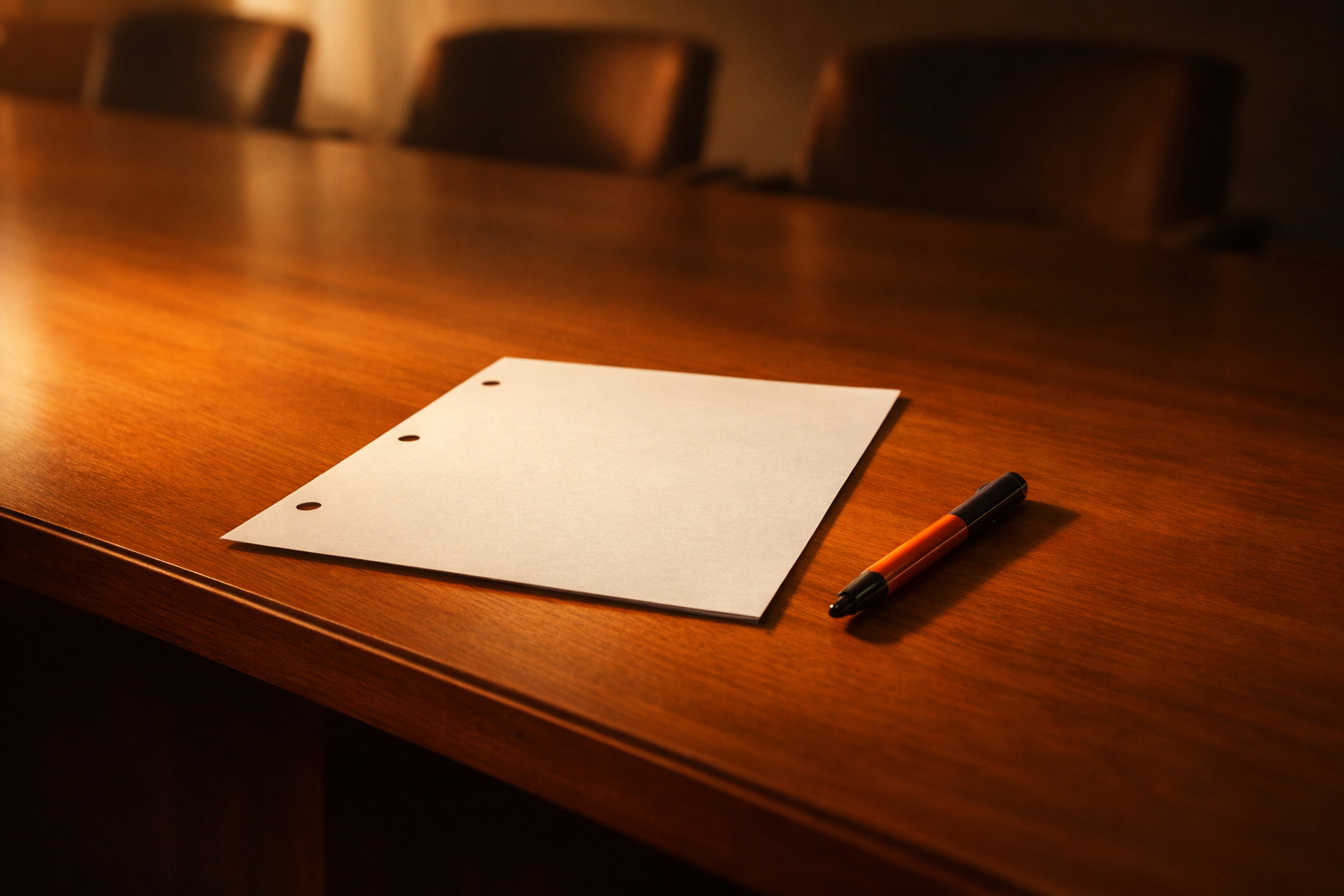 A single blank conversation script page placed at the forefront of a meeting table, an unused pen set alongside but not touching it. The paper edges catch warm orange light; background fades to shadow and empty chairs, emphasizing the pending, honest conversation. No people, handwriting, or visible text.