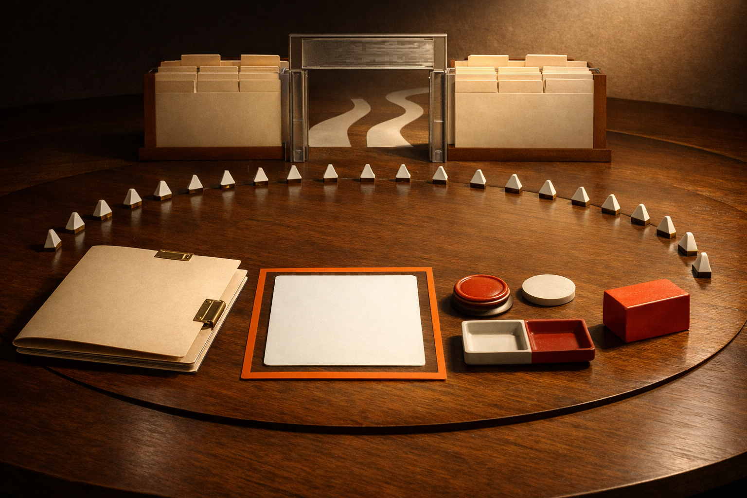 A bounded experiment card travels through a restrained ring of evidence markers toward a fixed review gate with three possible exit paths.