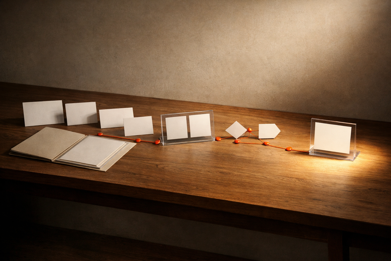 An archival museum planning table connects five blank area cards to one bounded experiment card through a sequence of review gates.