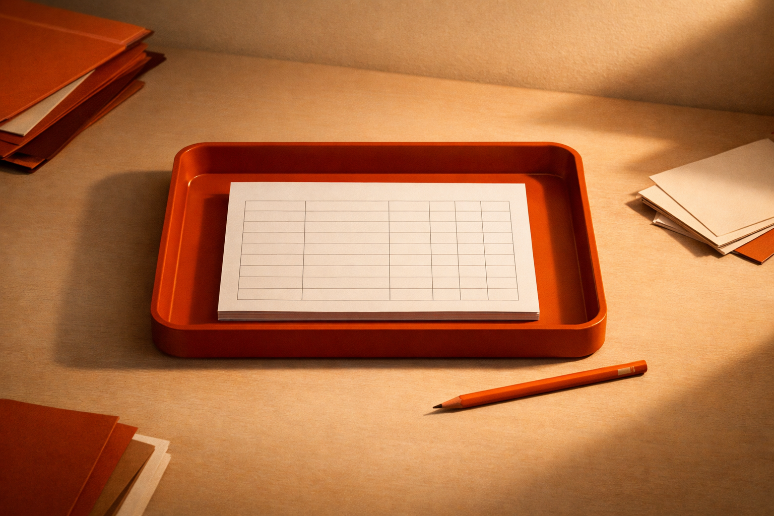 A blank review scorecard sits in an orange tray at center stage. An orange pencil lies parallel nearby. The lighting is warm and twilight-soft, casting deep shadows and space for thought. Scene is people-free, text-free, focused on the objects and the act of review.