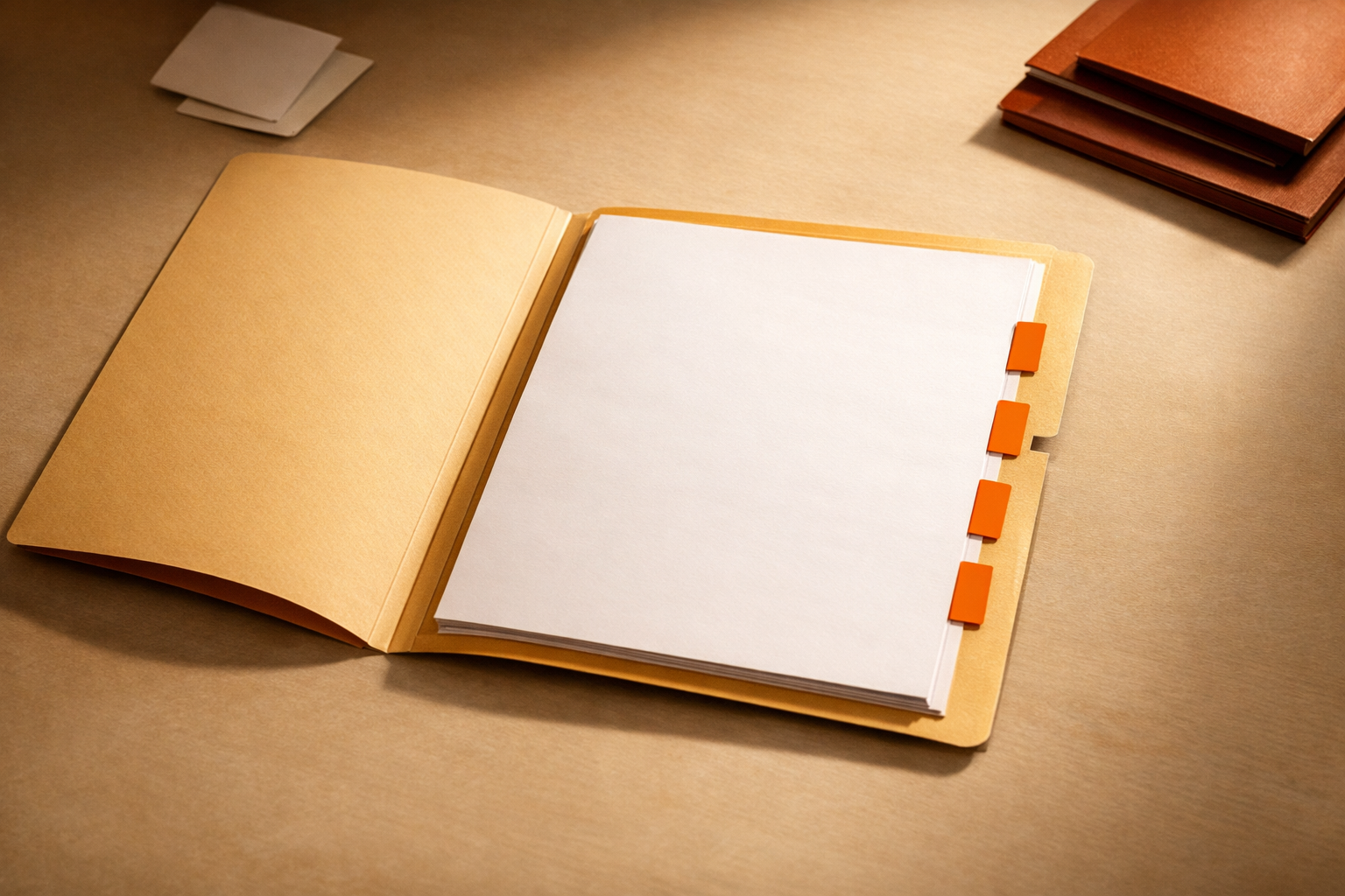A minimal open file folder with a neatly stacked specification sheet inside. Four orange tabs peek from the side, evenly spaced to signify process steps (context, inputs, output, review). Abundant negative space accentuates the artifact’s structure. No words, numbers, or people. Warm shadows and orange-white palette.