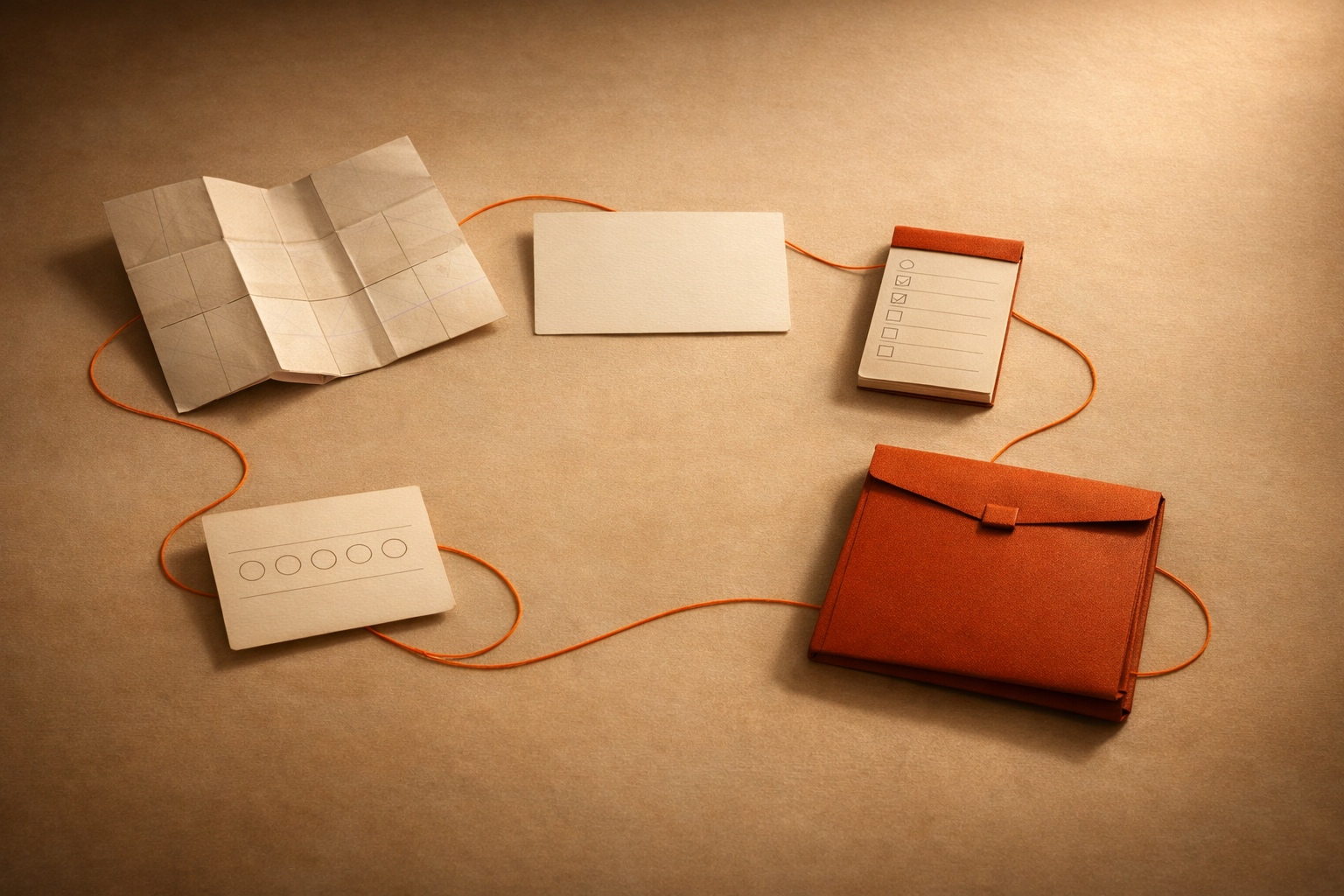Five distinct, labeled objects form a clockwise sequence on a warm-lit neutral table—each a metaphor for a key founder task (map sheet, briefing card, checklist, specification folder, review scorecard)—all linked by a subtle orange thread, with deep negative space and no people or text.