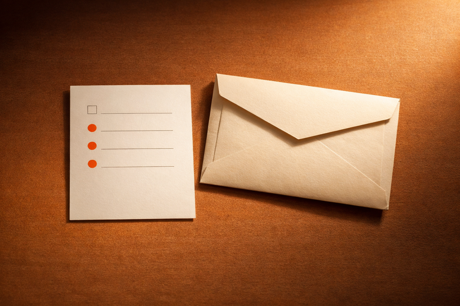 A clean tabletop shows a small, unfilled checklist next to a closed envelope, with three orange dots down the checklist margin. Scene lit with warm focus, deep negative space, no clutter, words, or numbers. Suggests decision review and critical inquiry without a human in sight.