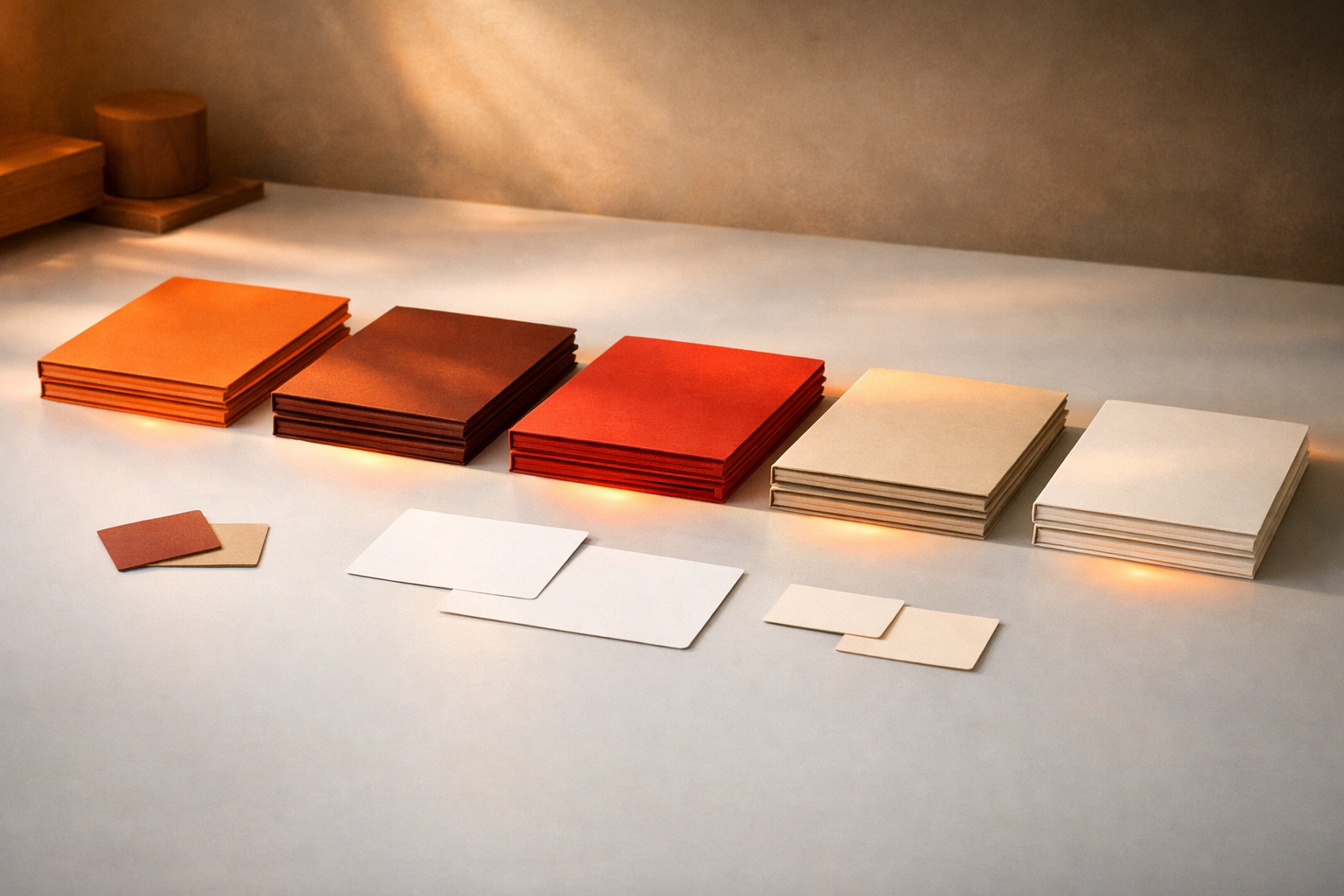 A minimalist scene showing an empty, well-lit workspace with five distinct, stacked folders or portfolios—each glowing faintly in orange tones—spaced evenly on a clean, neutral table. Natural warm light streams in, casting soft shadows and highlighting the texture of paper and subtle signs of recent activity. No people or text; just quiet anticipation of work made real and intentional decisions.