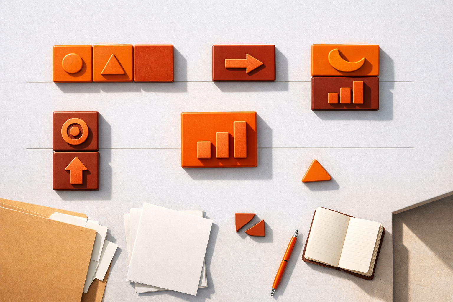 A top-down view of a decision matrix rendered as a modular orange tile layout on a light, empty table. Each tile sits in a slot, with abstracted icons (circle, arrow, triangle, bar) hinting at focus, learning, recovery, output—no text. Some tiles are grouped; others set apart by deliberate spacing, suggesting thoughtful allocation. Overall warmth. No numbers or words.