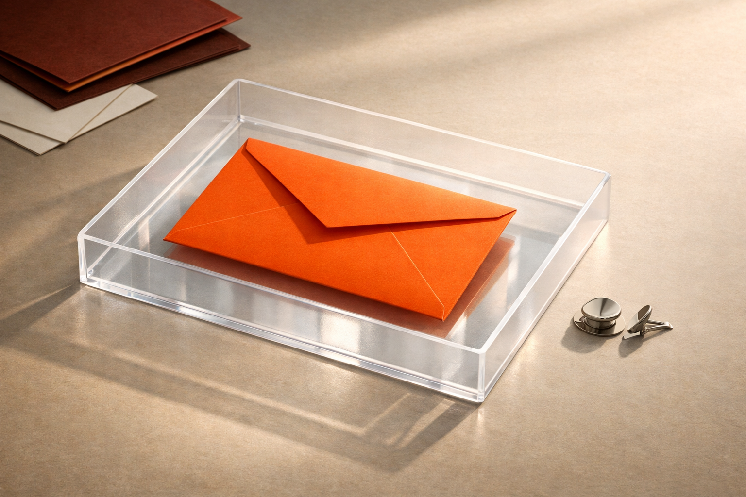 On a clean table in soft morning light, a single orange memo envelope sits atop a slightly translucent, branded white tray. The tray’s polished surface reflects the envelope, suggesting transparency. To the side, an unsealed metallic fastener hints at openness for review. Shadows are clean; nothing else intrudes.
