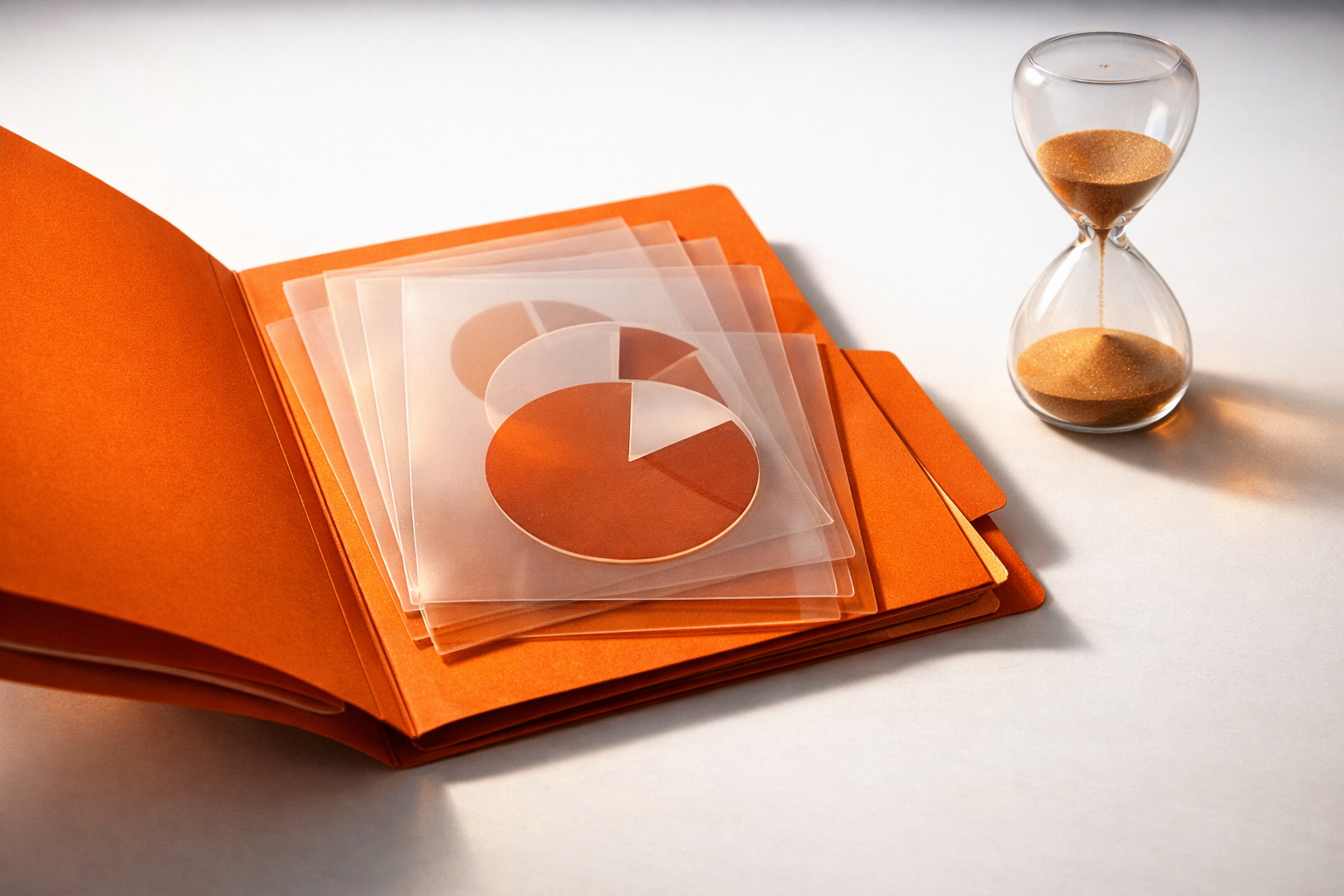 A featured still life of an open folder on a clean surface. Inside, partly overlapping transparent sheets each have a simple circular cutout—like a pie slice missing—representing tracked time for distinct team members. Folders are orange; sheets in subtle burnt gradients. Nearby, an empty glass hourglass emphasizes the recording of saved time. No text or numbers.
