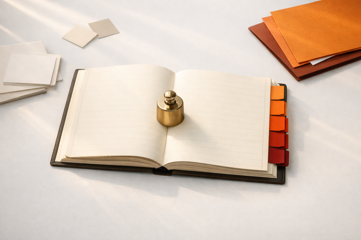 A minimal ledger book lies open on a warm-lit table, its pages divided by tactile inserts or tabs of different orange hues—each marker corresponds to a distinct role or responsibility. On top, a single balancing weight (silver, no numbers) rests, signaling reviewed balance. No names, words, or numbers.