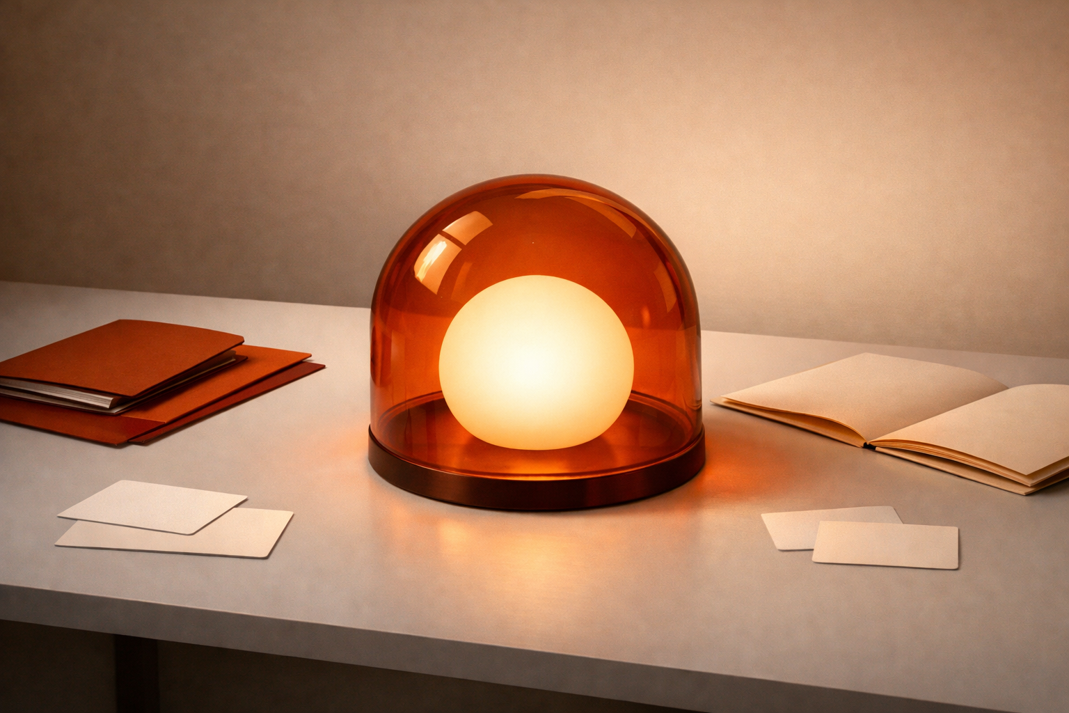 A dedicated orange glass dome sits at the center of a clear desk, inside it a single luminescent white object (sphere) symbolizes protected learning and recovery time. Around it, empty space is respected—no encroachment, only muted shades. The dome and base glow gently, unbreakable and intentional.