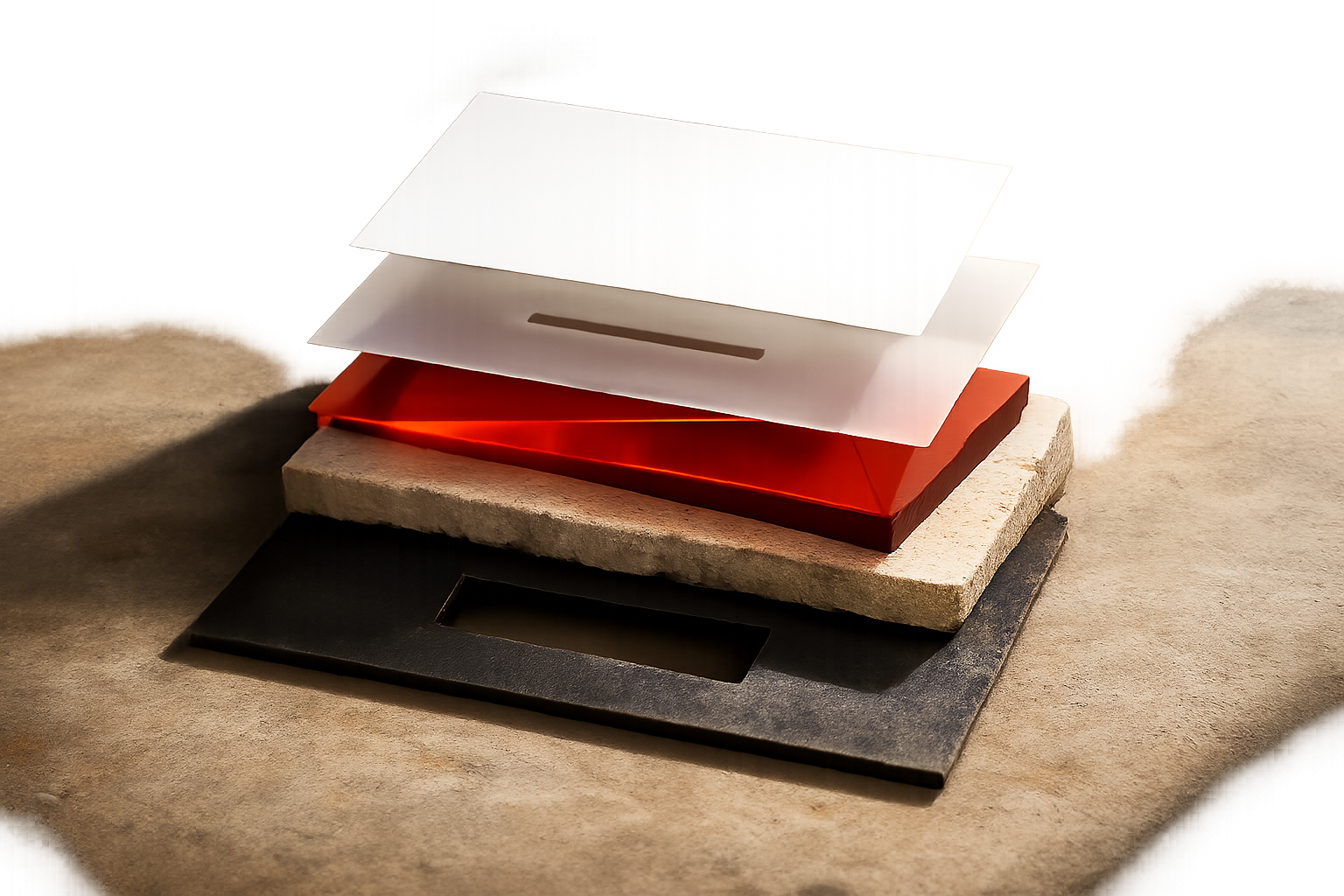 A blank interface card is separated into layers for the request, decision, assumption, existing evidence, and a precise missing piece.