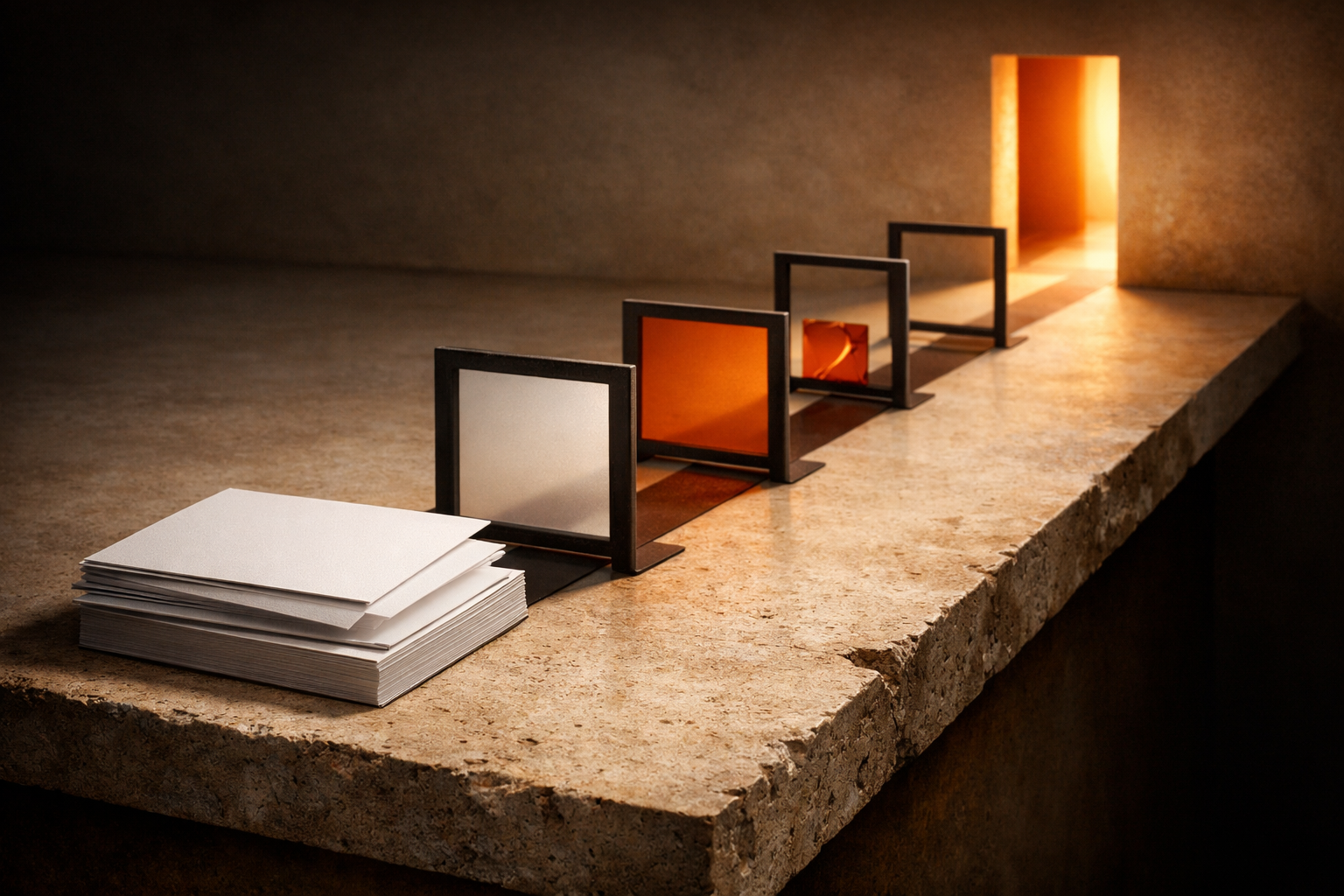 An unoccupied editorial work surface where a stack of blank interface cards becomes a clear path through four evidence gates.