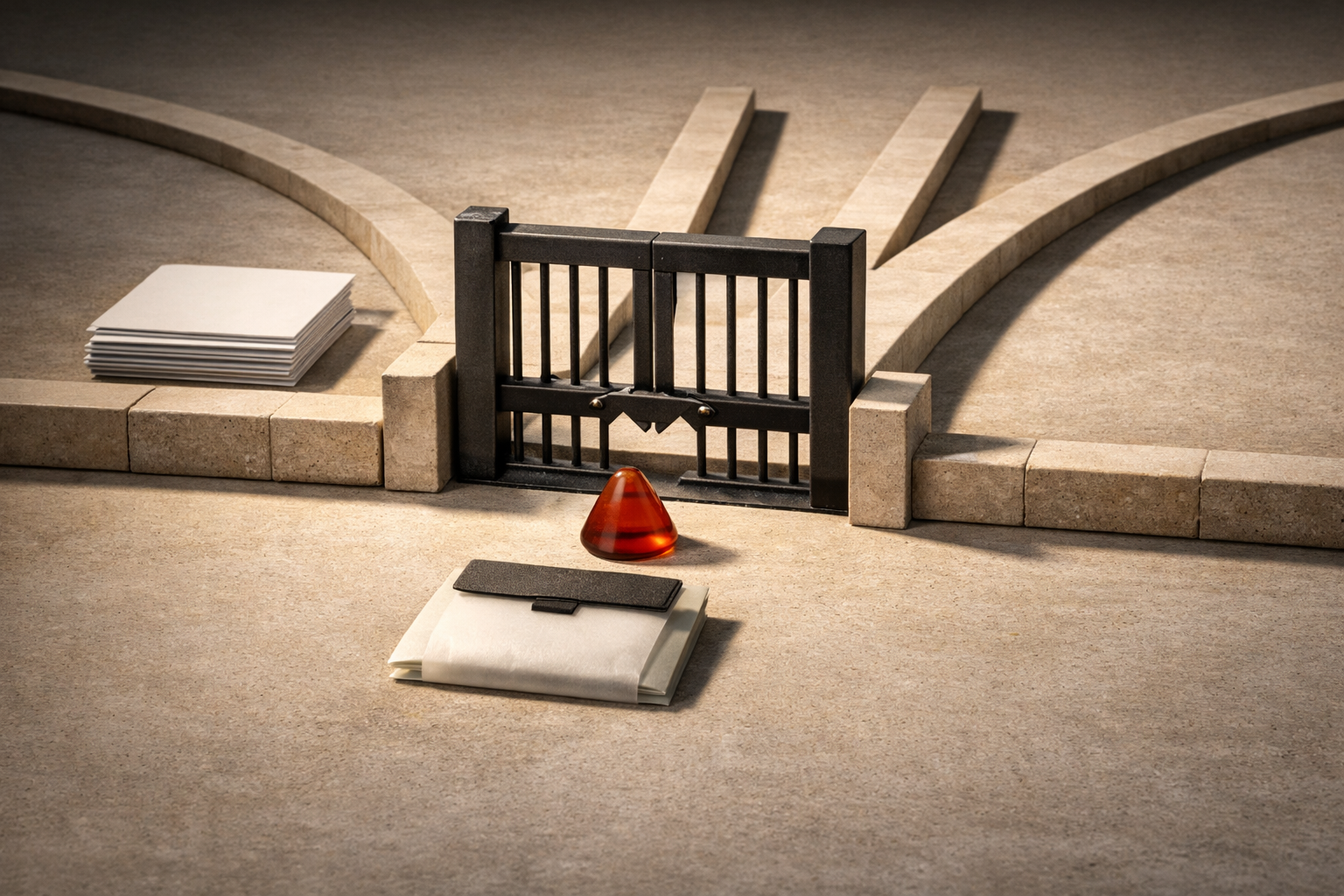 A risky assumption passes through a calibrated evidence gate while fixed rails preserve constraints and separate routes lead to possible actions.