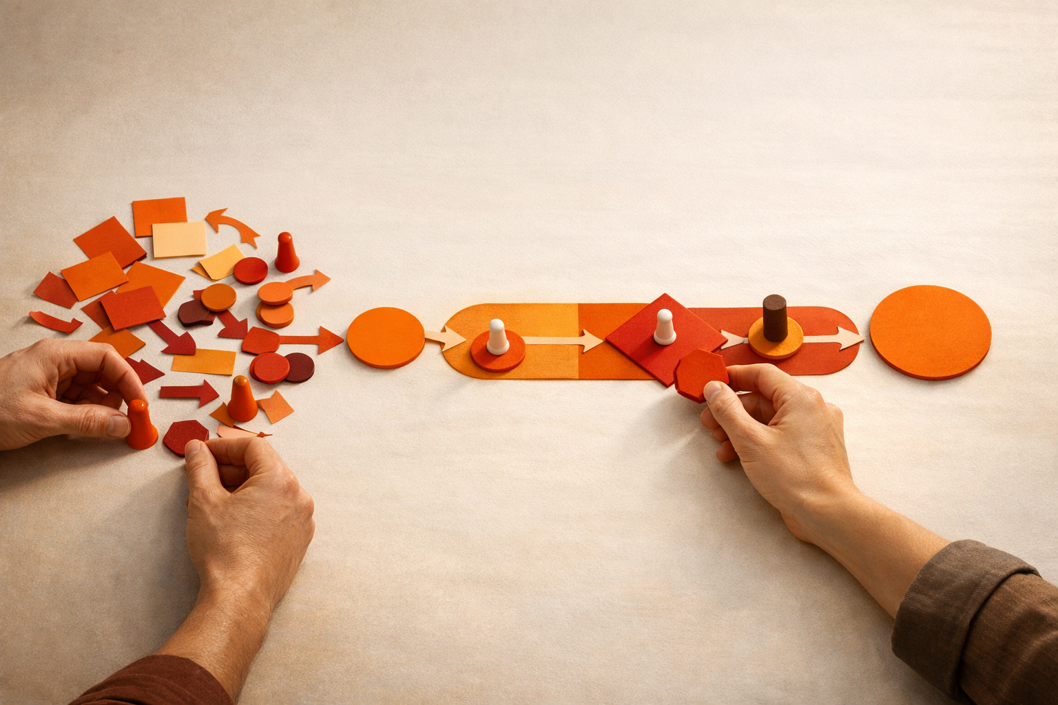 Diagonal, editorial illustration of an abstract workflow diagram with clear stage markers: permission zones, approval checkpoints, and escalation arrows. Hands adjust tokens or markers at approval steps. The map transitions from tangled lines to a controlled, staged sequence. Orange, deep orange, burnt red, brand white.