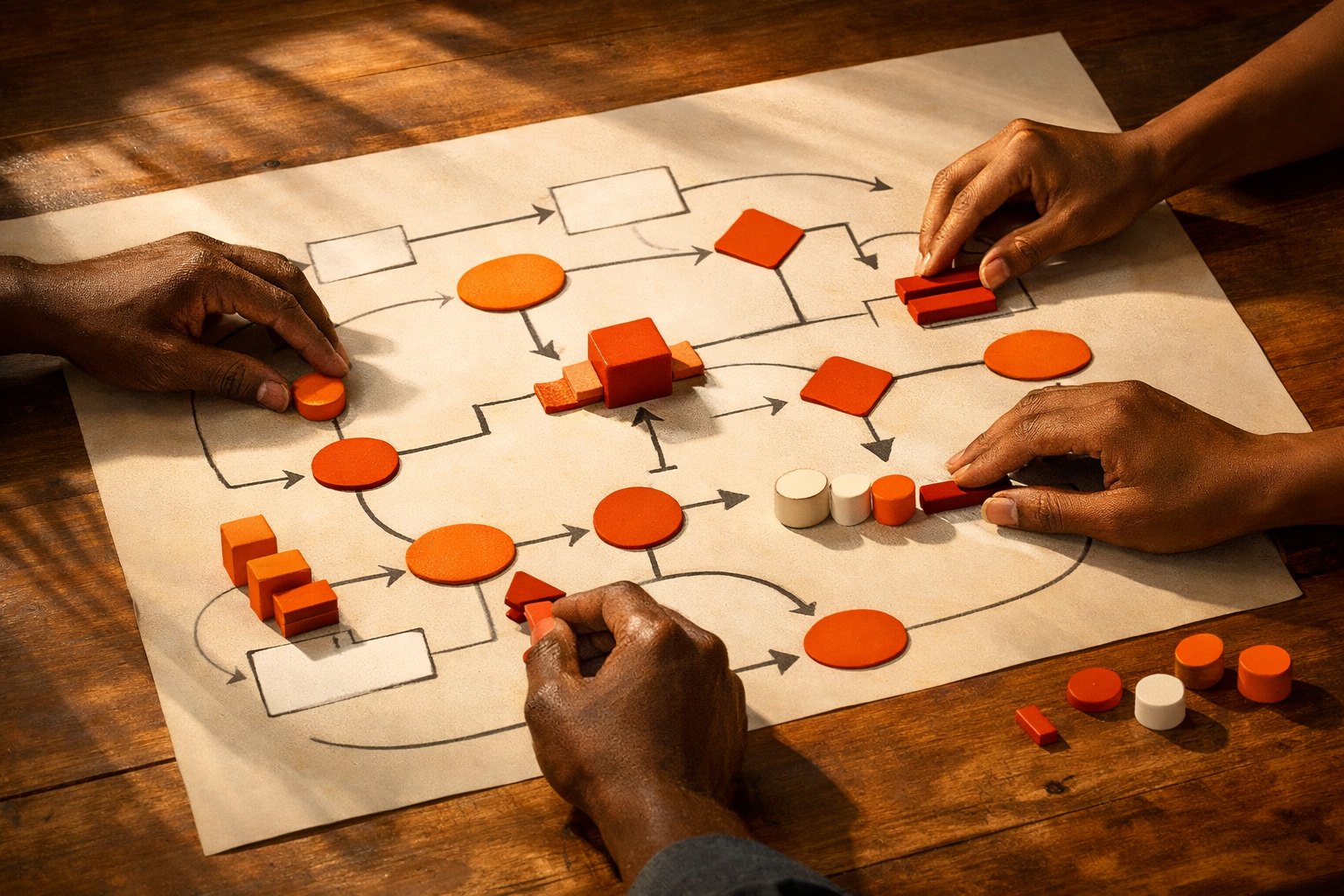 Editorial scene with warm directional light falling across a large, abstract workflow diagram on a table. Several human hands reach in, marking boundaries and checkpoints with simple objects. Visual focus: clarity, order, and proof - not mystique. Palette: orange, deep orange, burnt red, white, and warm neutrals. No visible screens, dashboards, or text.