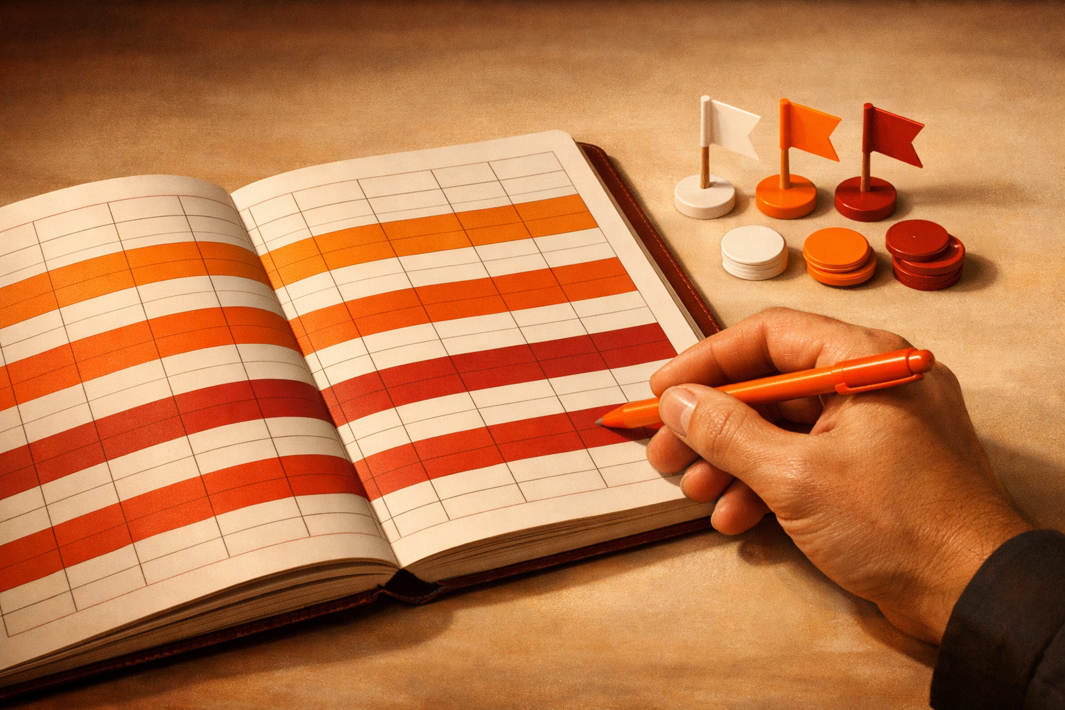 Cinematic side shot of a shared analog logbook open on a table, with timestamped rows and colored placeholders for entries. Nearby are escalation tokens and a hand reaching in to review or mark an escalation. Editorial feel, orange and warm neutrals.