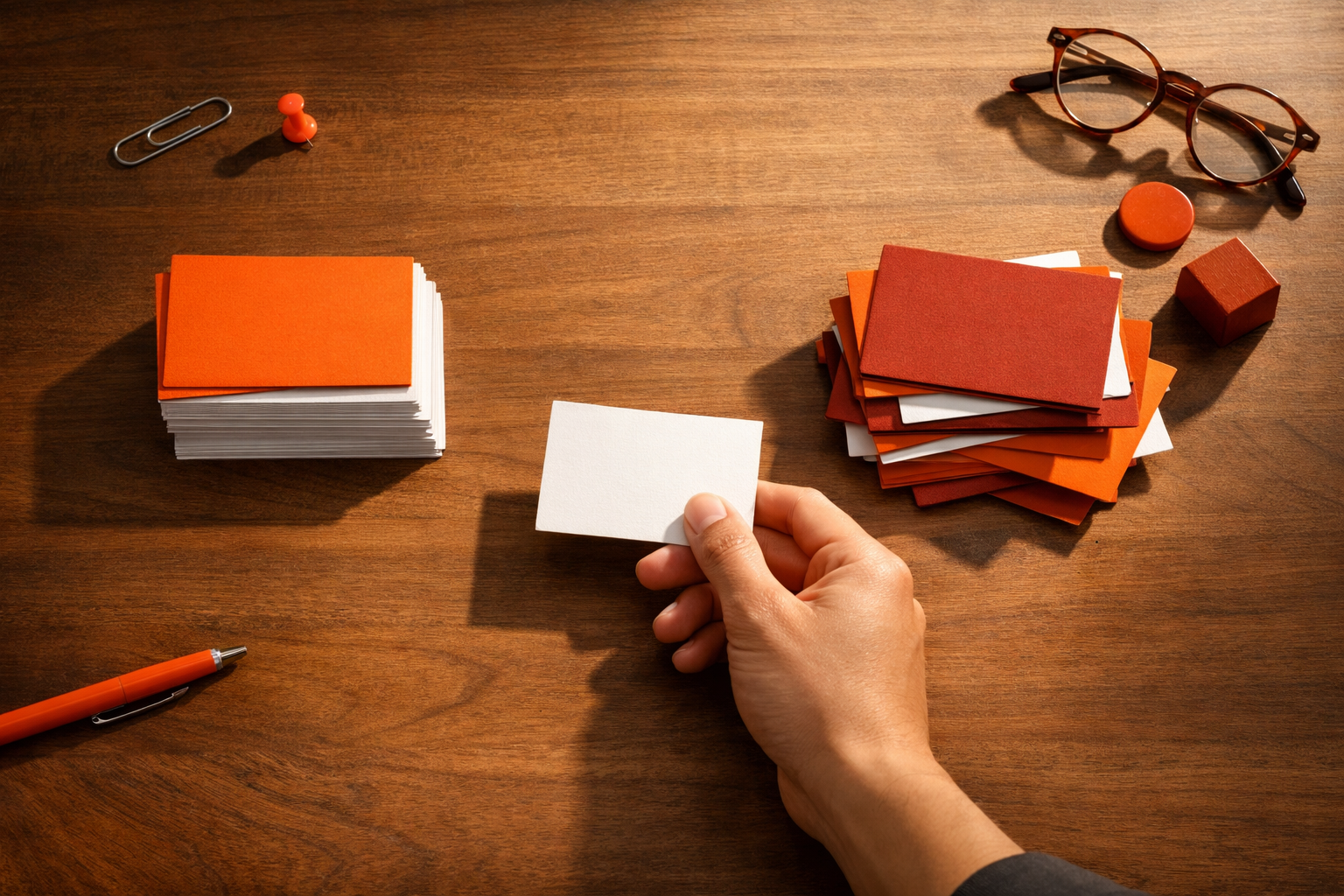 A top-down editorial shot of an operator using a scoring rubric to sort paper task cards into two clearly marked zones: 'Agent-Ready' and 'Not Ready.' The operator's hand hovers over a task card, hesitating at the boundary, while others are clearly sorted. Visual focus: honest selection, clear boundaries. Palette: orange, deep orange, burnt red, brand white.