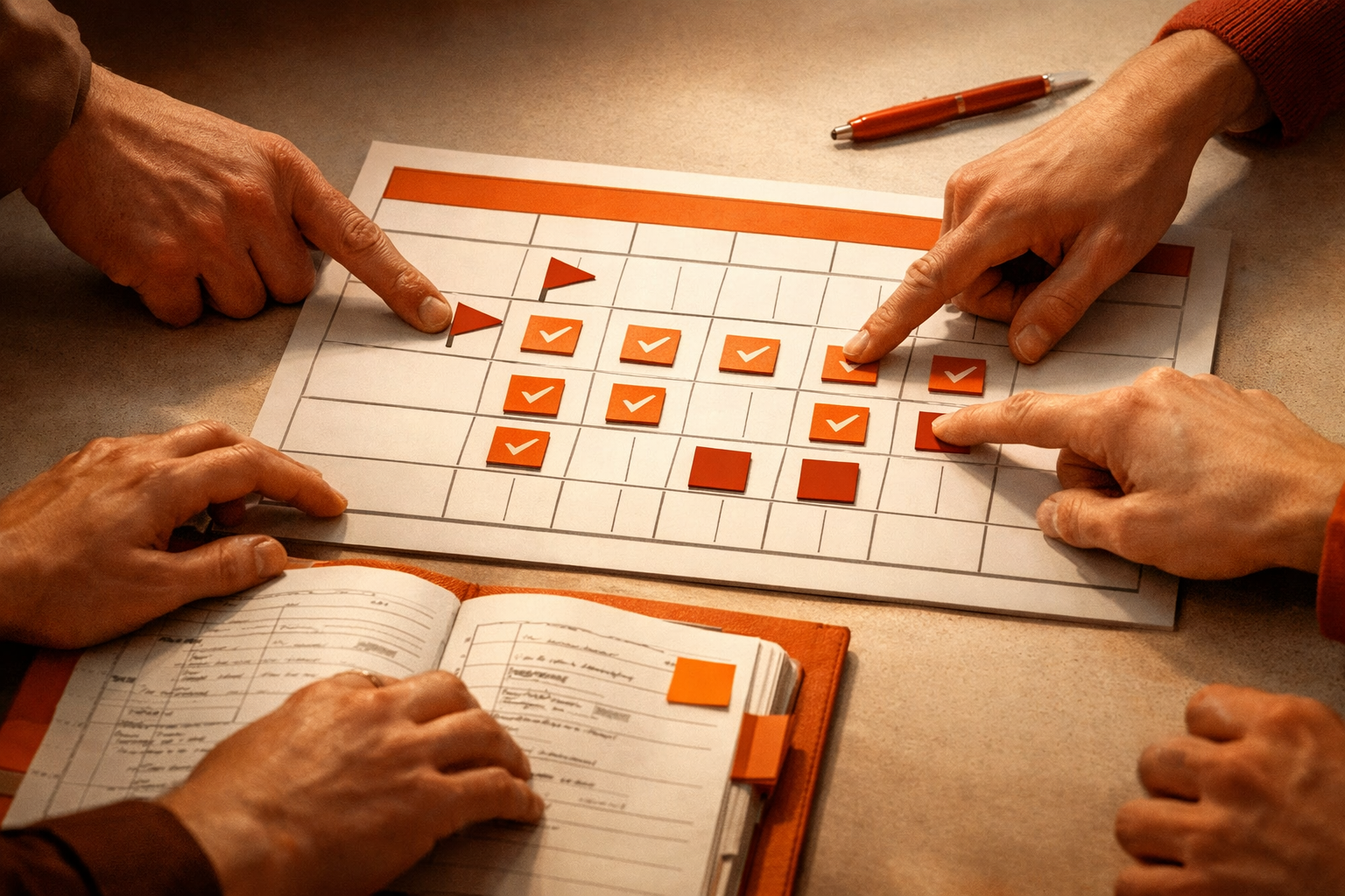 Editorial shot showing a tabletop with a scorecard artifact (simple shapes for checks and flags) beside the analog logbook. Several hands in discussion: one points to a flagged error, another to a completed action, as they work through a structured checklist sequence. Orange, burnt red, white, warm neutrals.